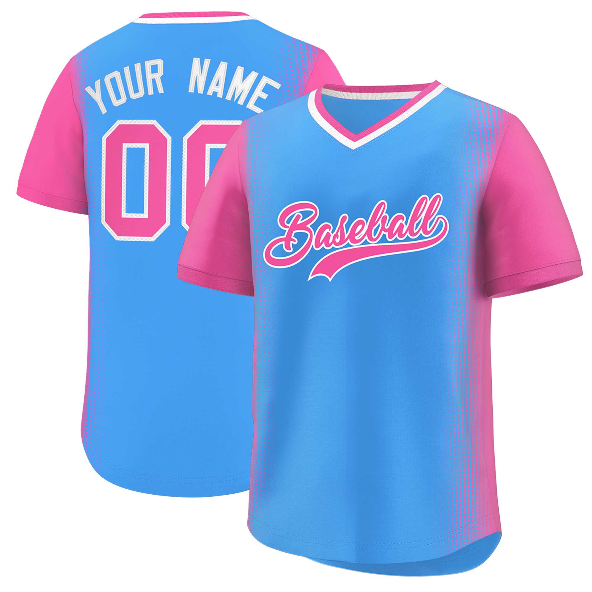 Custom Powder Blue Pink Personalized Raglan Sleeves Authentic Baseball Jersey