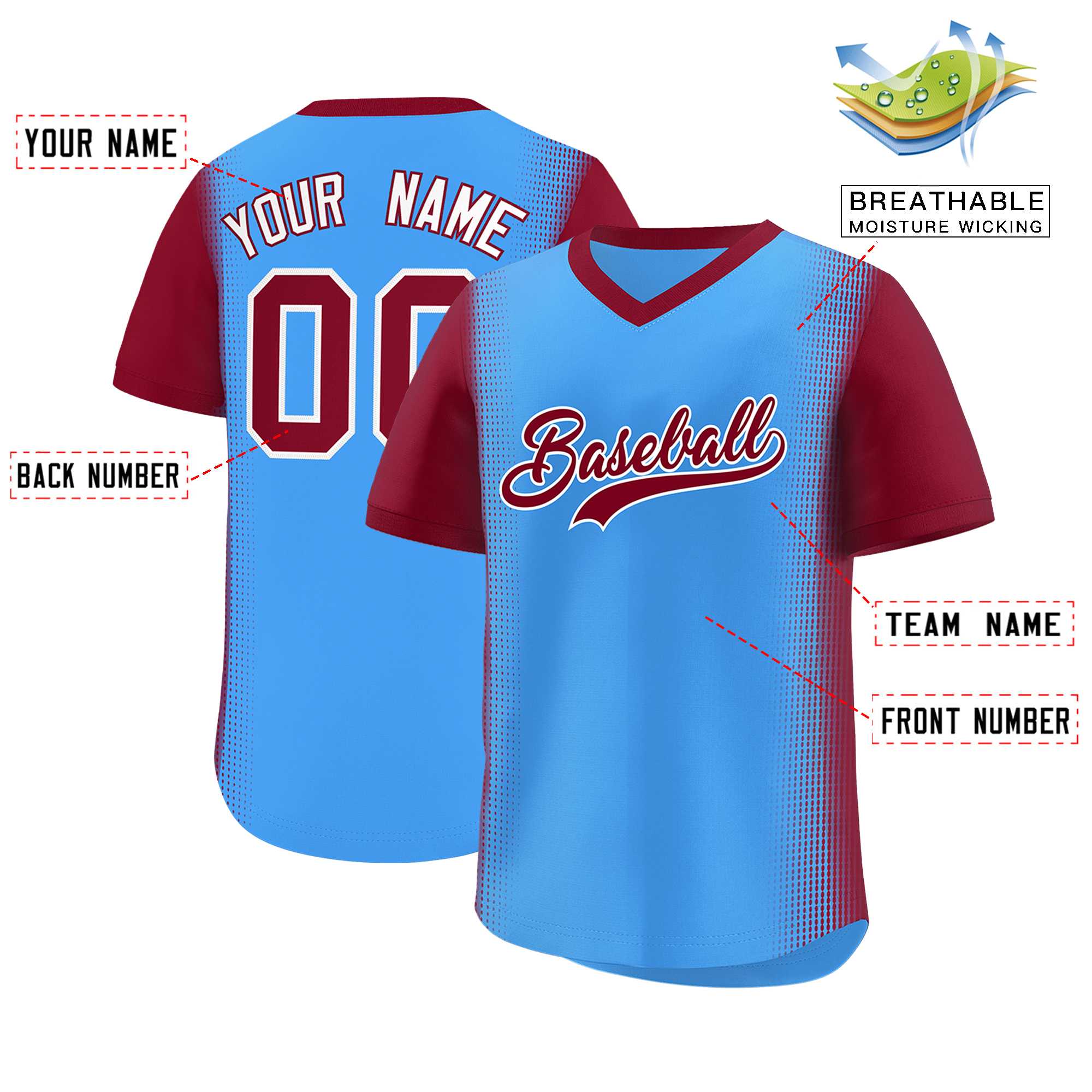 Custom Powder Blue Crimson Personalized Raglan Sleeves Authentic Baseball Jersey