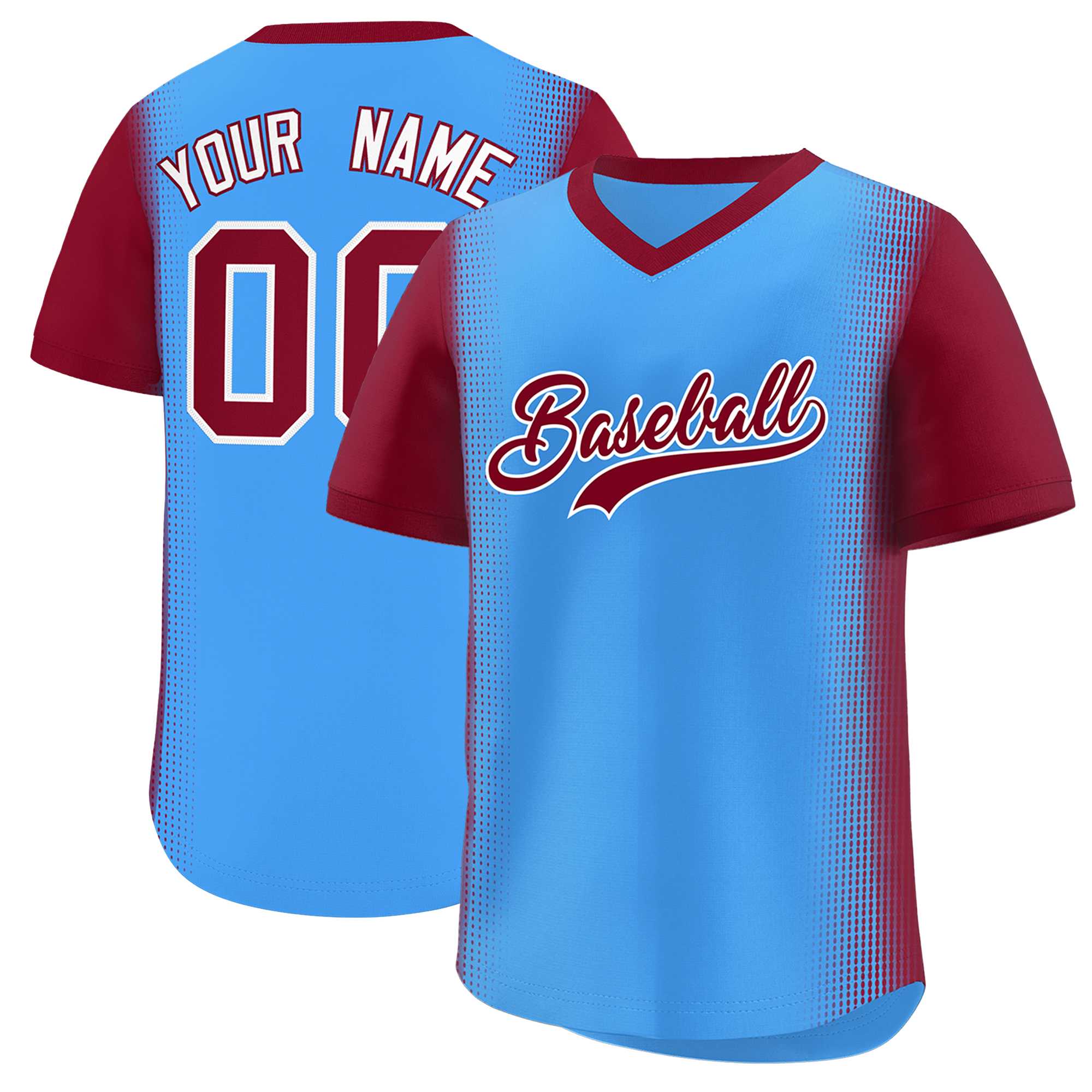 Custom Powder Blue Crimson Personalized Raglan Sleeves Authentic Baseball Jersey