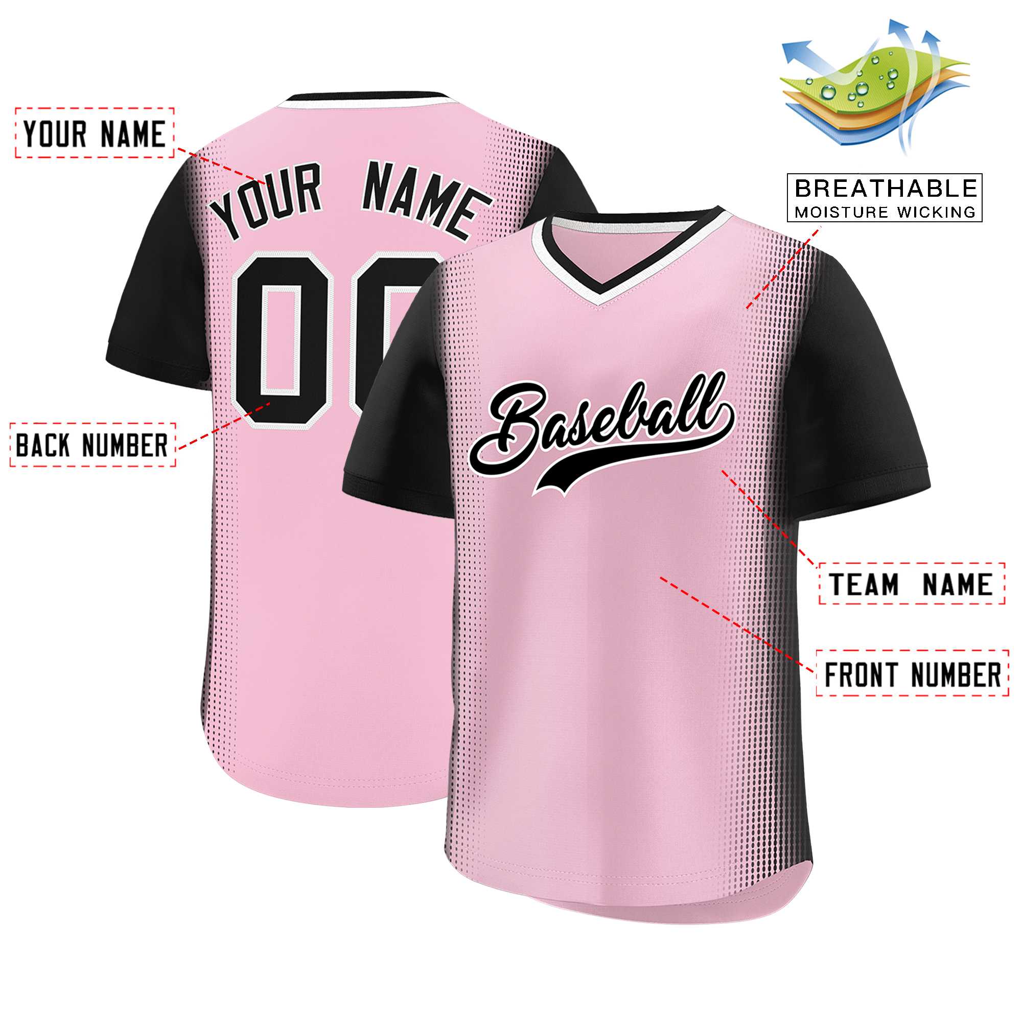 Custom Light Pink Black Personalized Raglan Sleeves Authentic Baseball Jersey