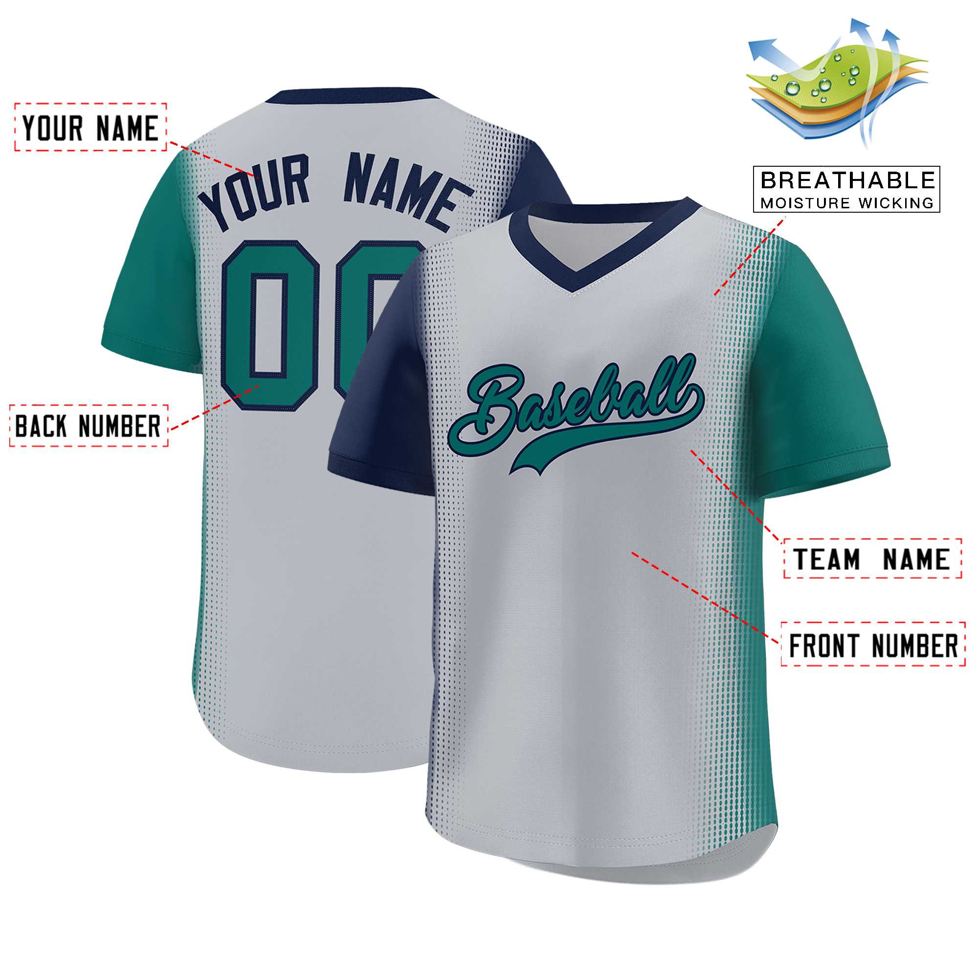 Custom Gray Navy-Aqua Personalized Raglan Sleeves Authentic Baseball Jersey