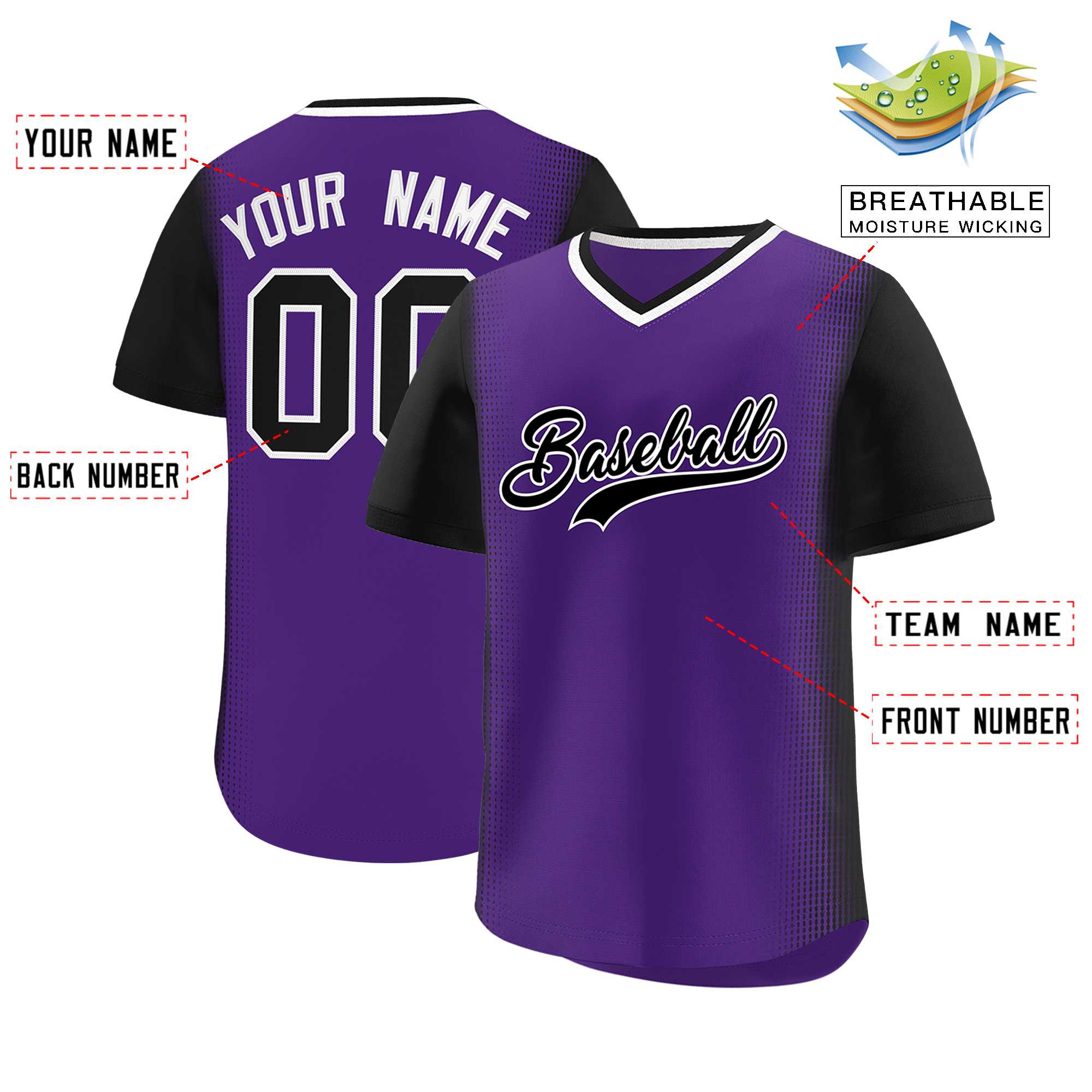 Custom Purple Black Personalized Raglan Sleeves Authentic Baseball Jersey