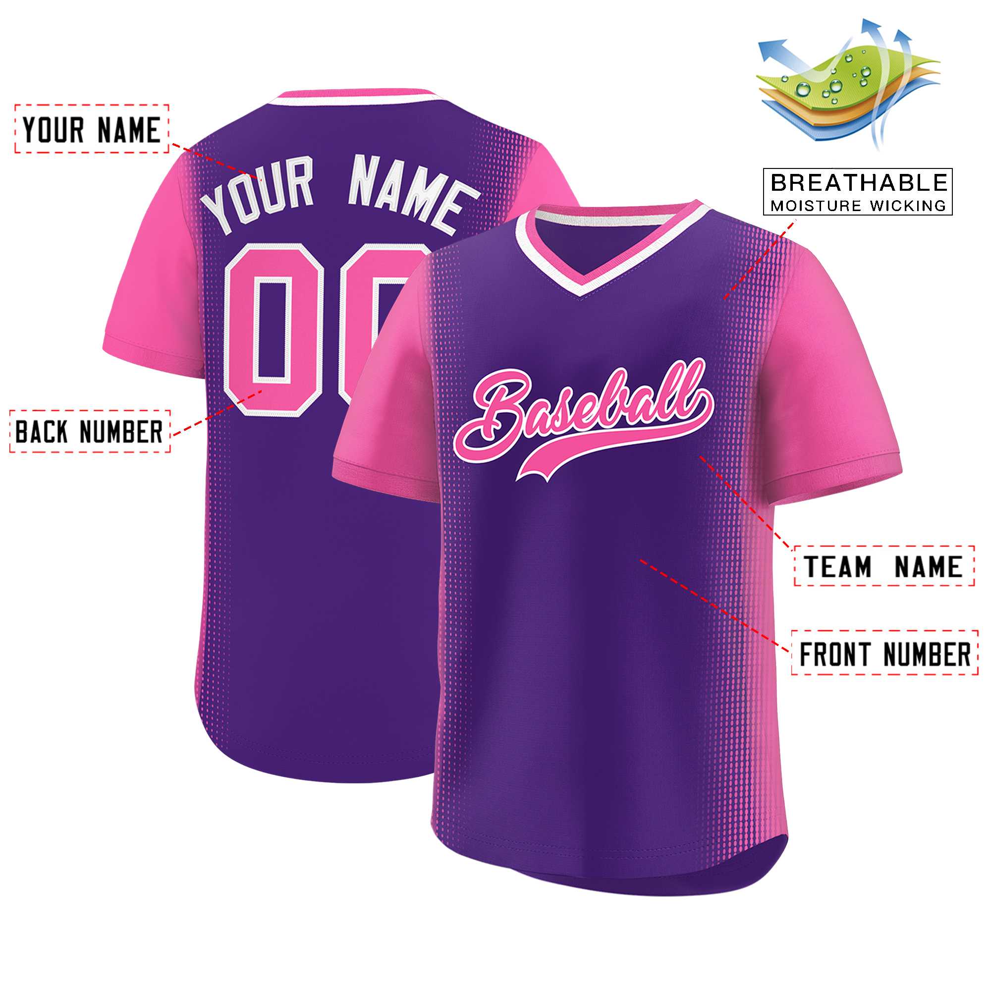 Custom Purple Pink Personalized Raglan Sleeves Authentic Baseball Jersey