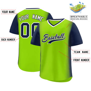 Custom Neon Green Navy Personalized Raglan Sleeves Authentic Baseball Jersey