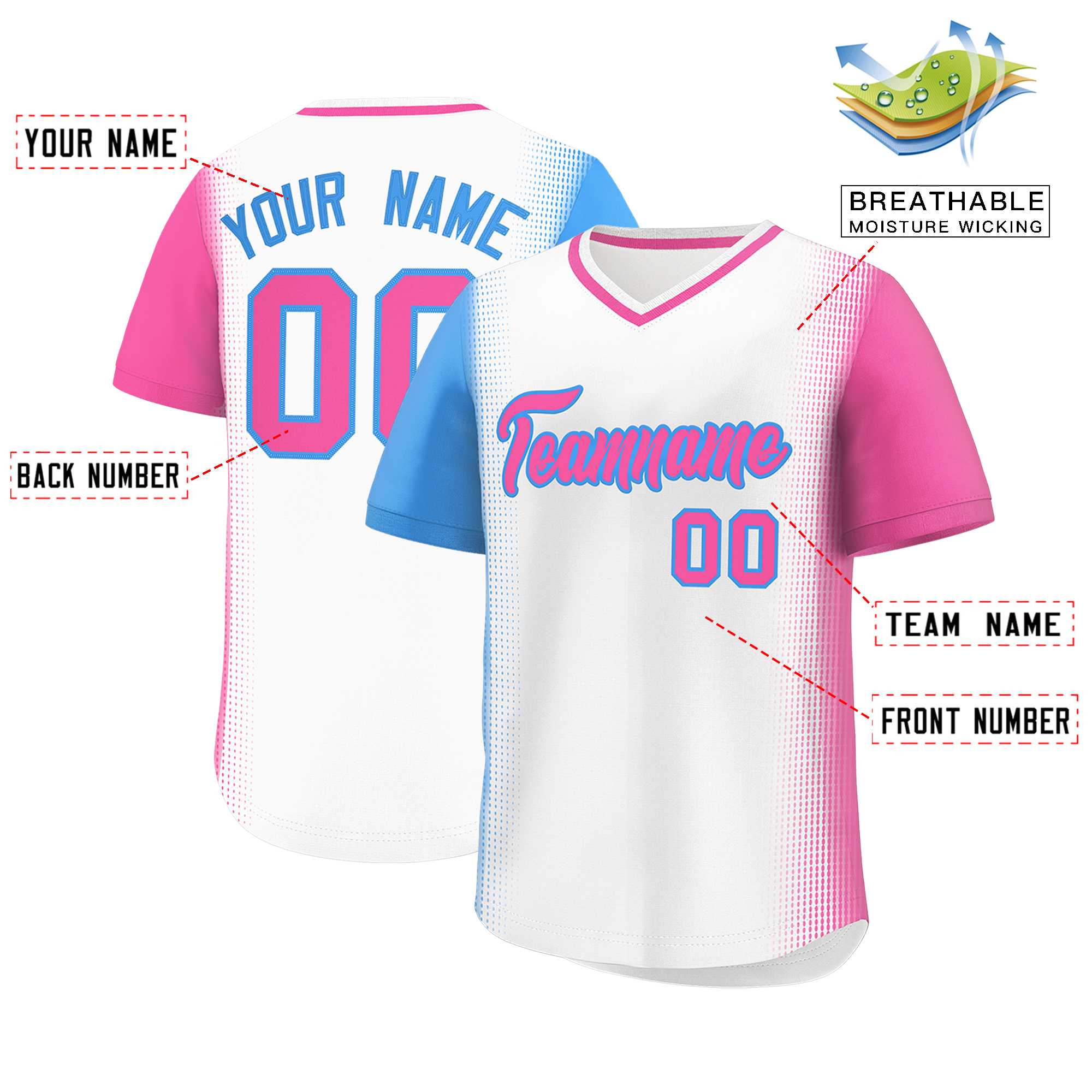 Custom White Powder Blue-Pink Personalized Raglan Sleeves Authentic Baseball Jersey