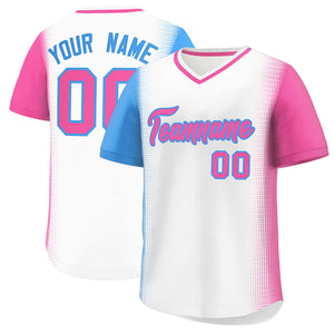 Custom White Powder Blue-Pink Personalized Raglan Sleeves Authentic Baseball Jersey