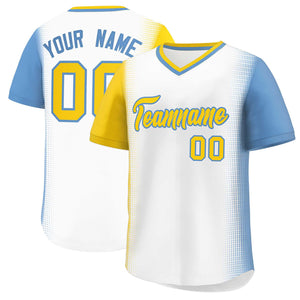 Custom White Gold-Light Blue Personalized Raglan Sleeves Authentic Baseball Jersey