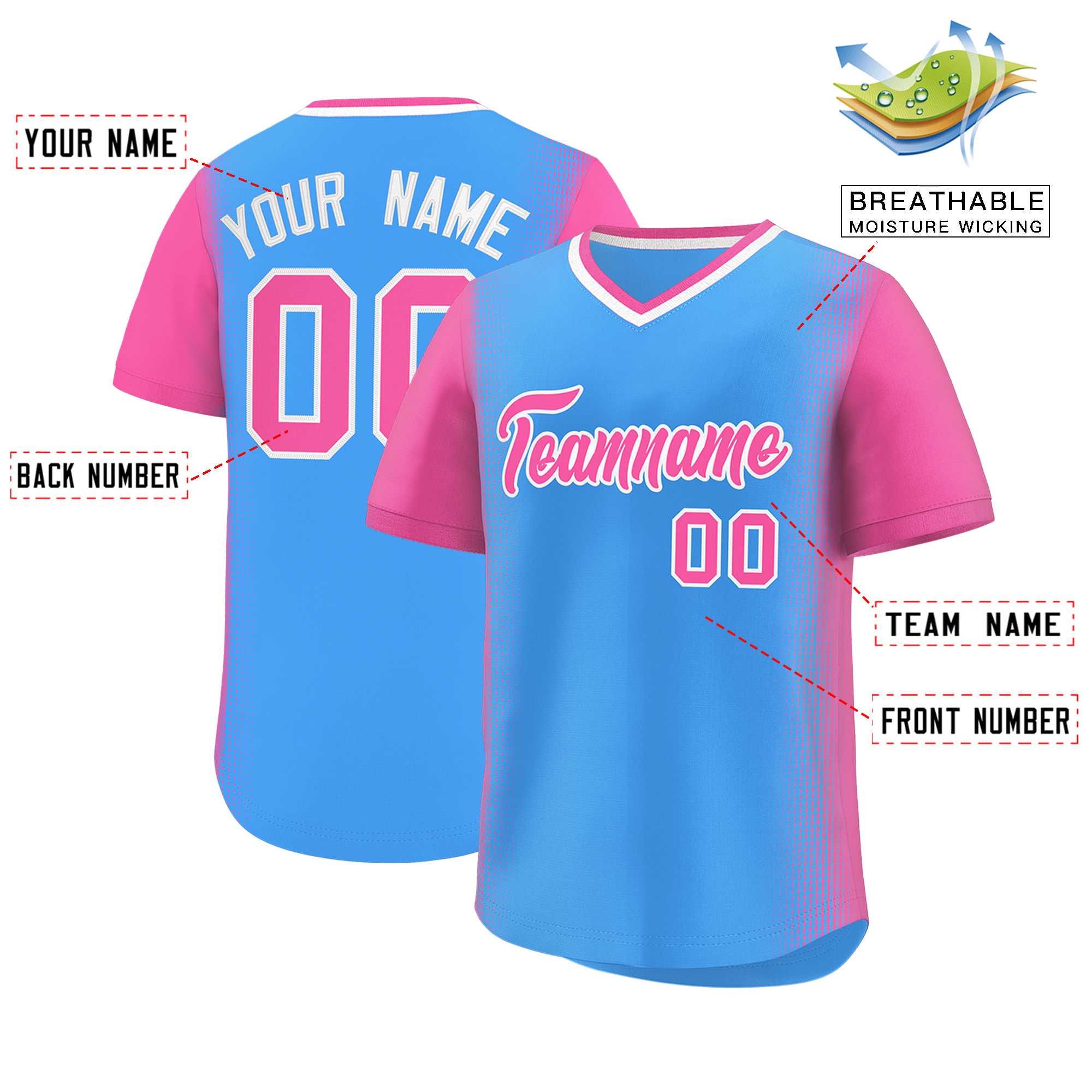 Custom Powder Blue Pink Personalized Raglan Sleeves Authentic Baseball Jersey