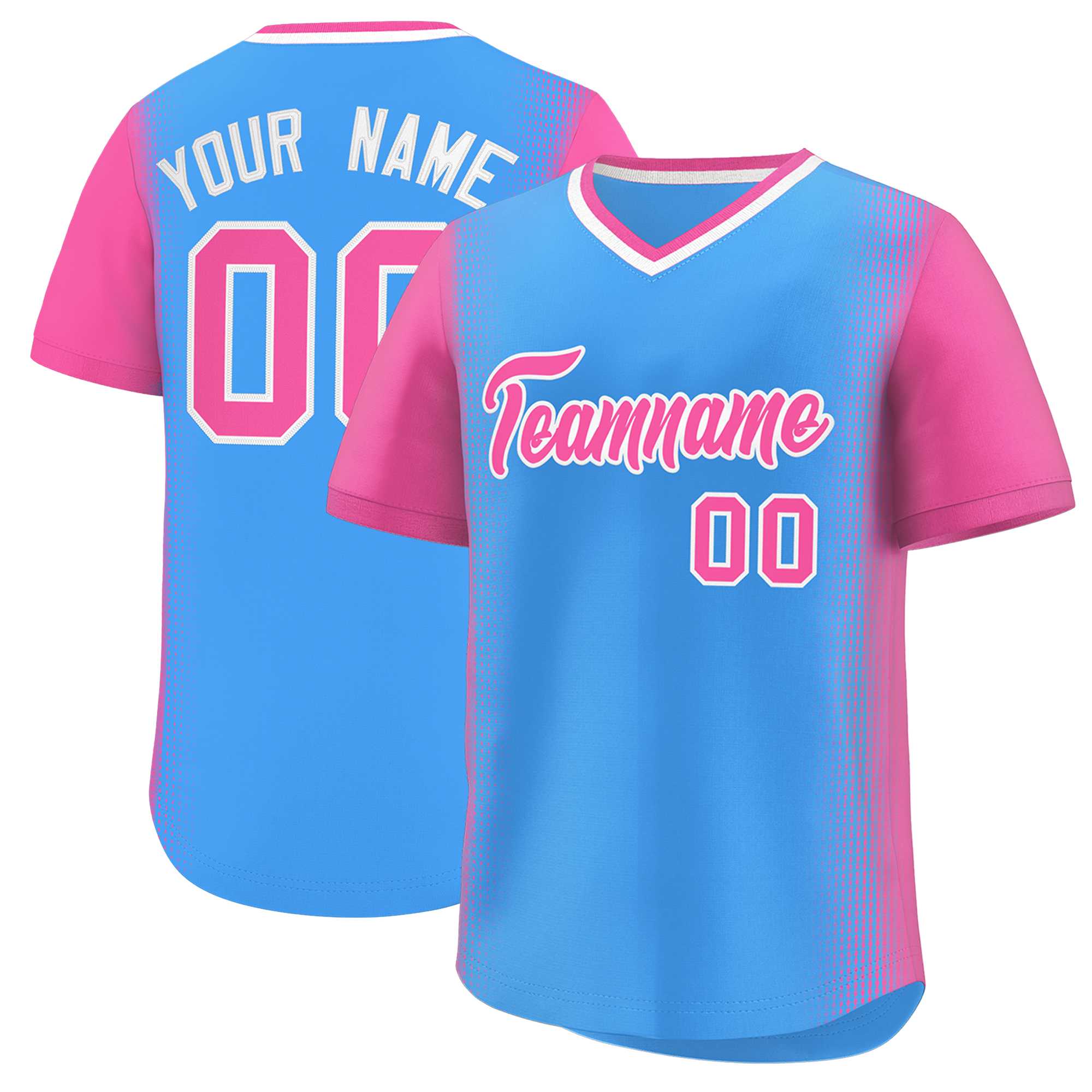 Custom Powder Blue Pink Personalized Raglan Sleeves Authentic Baseball Jersey