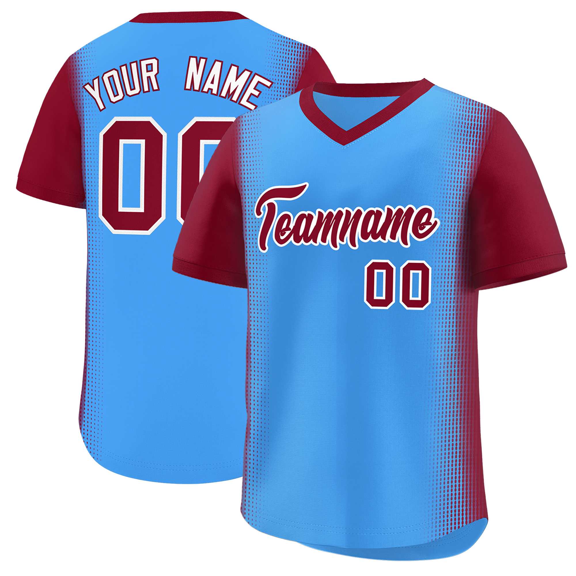 Custom Powder Blue Crimson Personalized Raglan Sleeves Authentic Baseball Jersey