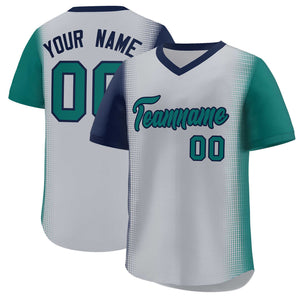 Custom Gray Navy-Aqua Personalized Raglan Sleeves Authentic Baseball Jersey