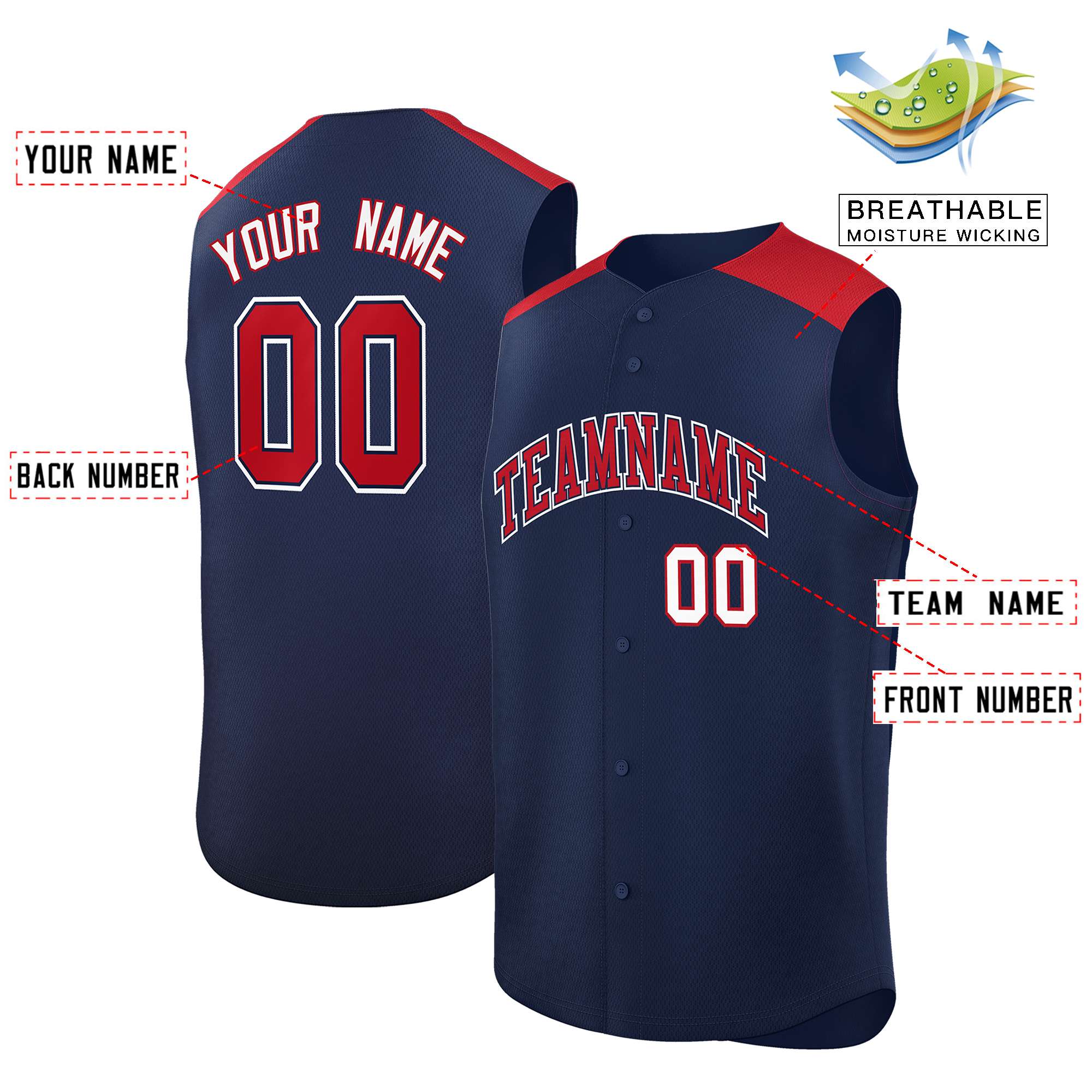 Custom Navy Red Personalized Classic Authentic Sleeveless Baseball Jersey