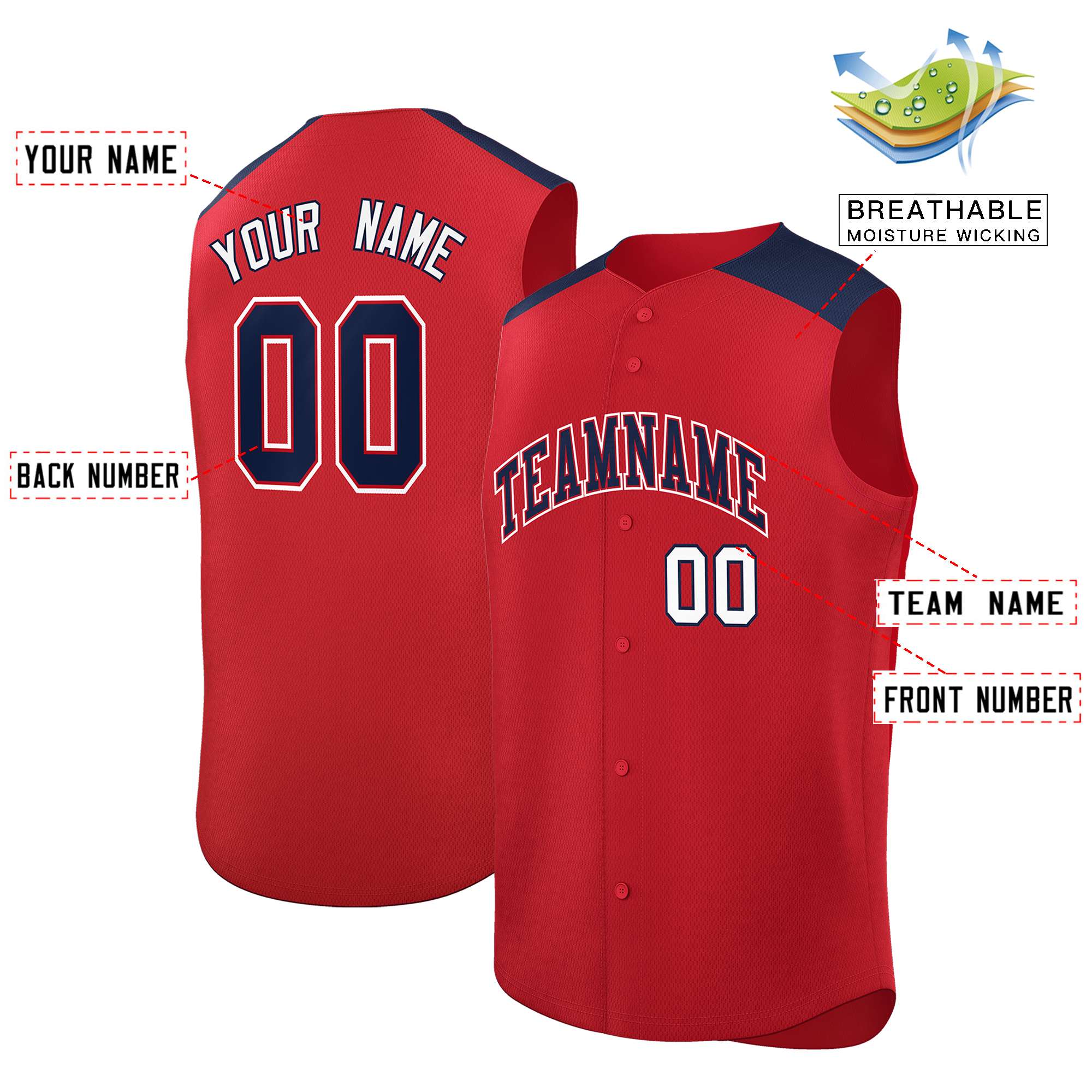 Custom Red Navy Personalized Classic Authentic Sleeveless Baseball Jersey