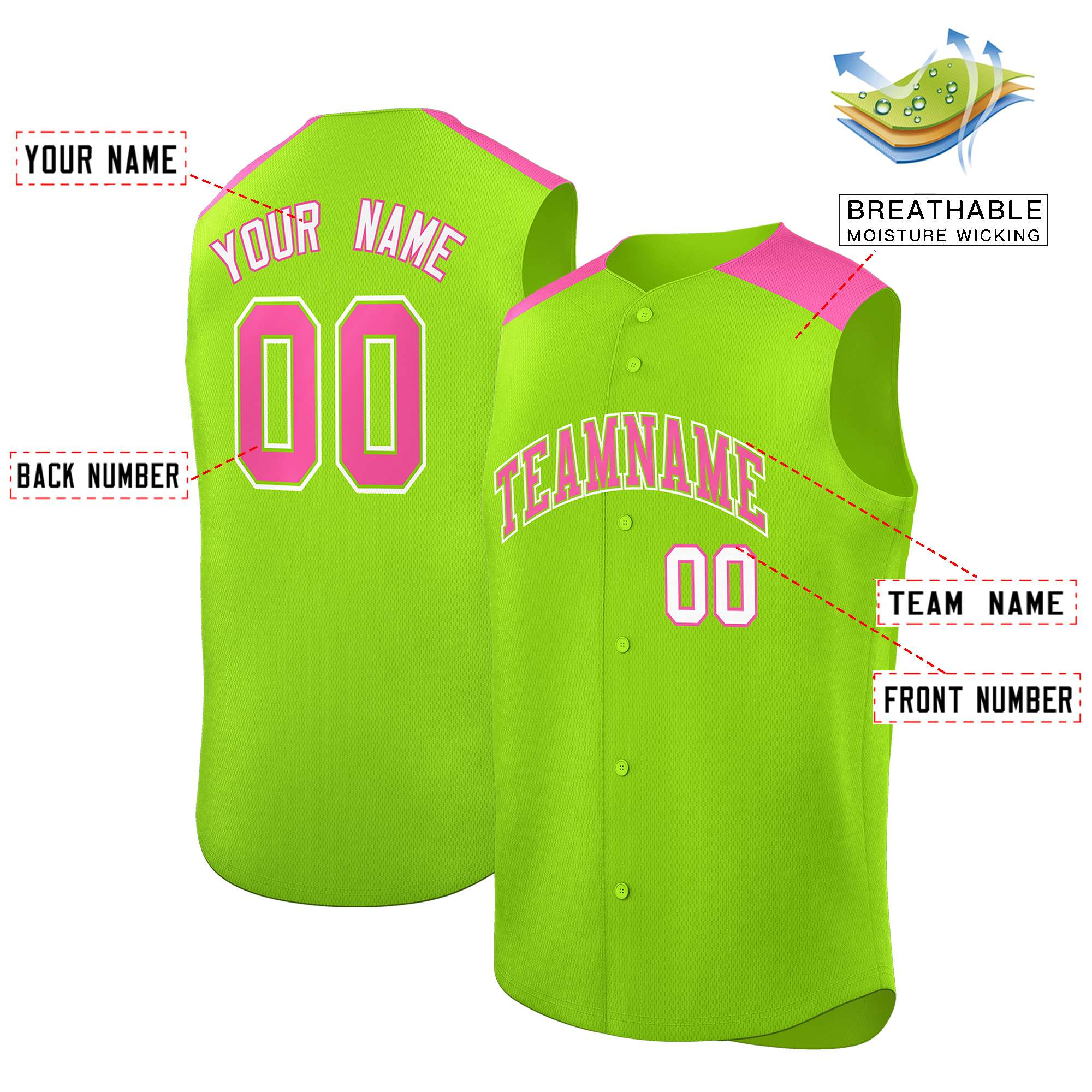 Custom Neon Green Pink Personalized Classic Authentic Sleeveless Baseball Jersey