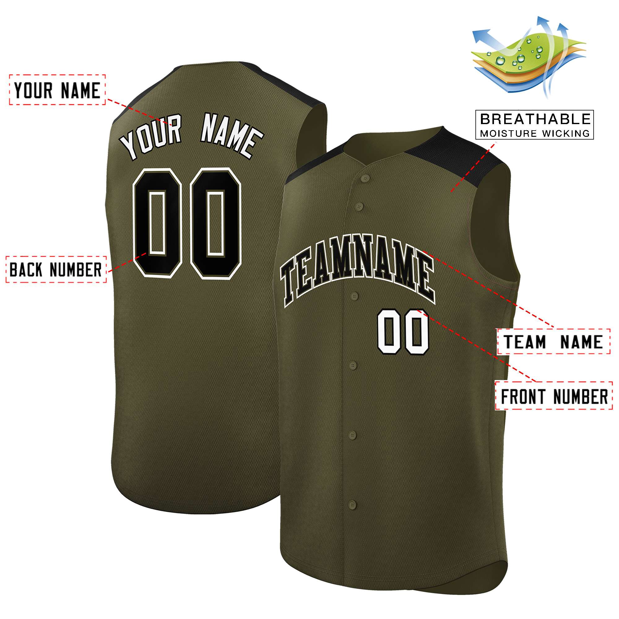 Custom Olive Black Personalized Classic Authentic Sleeveless Baseball Jersey