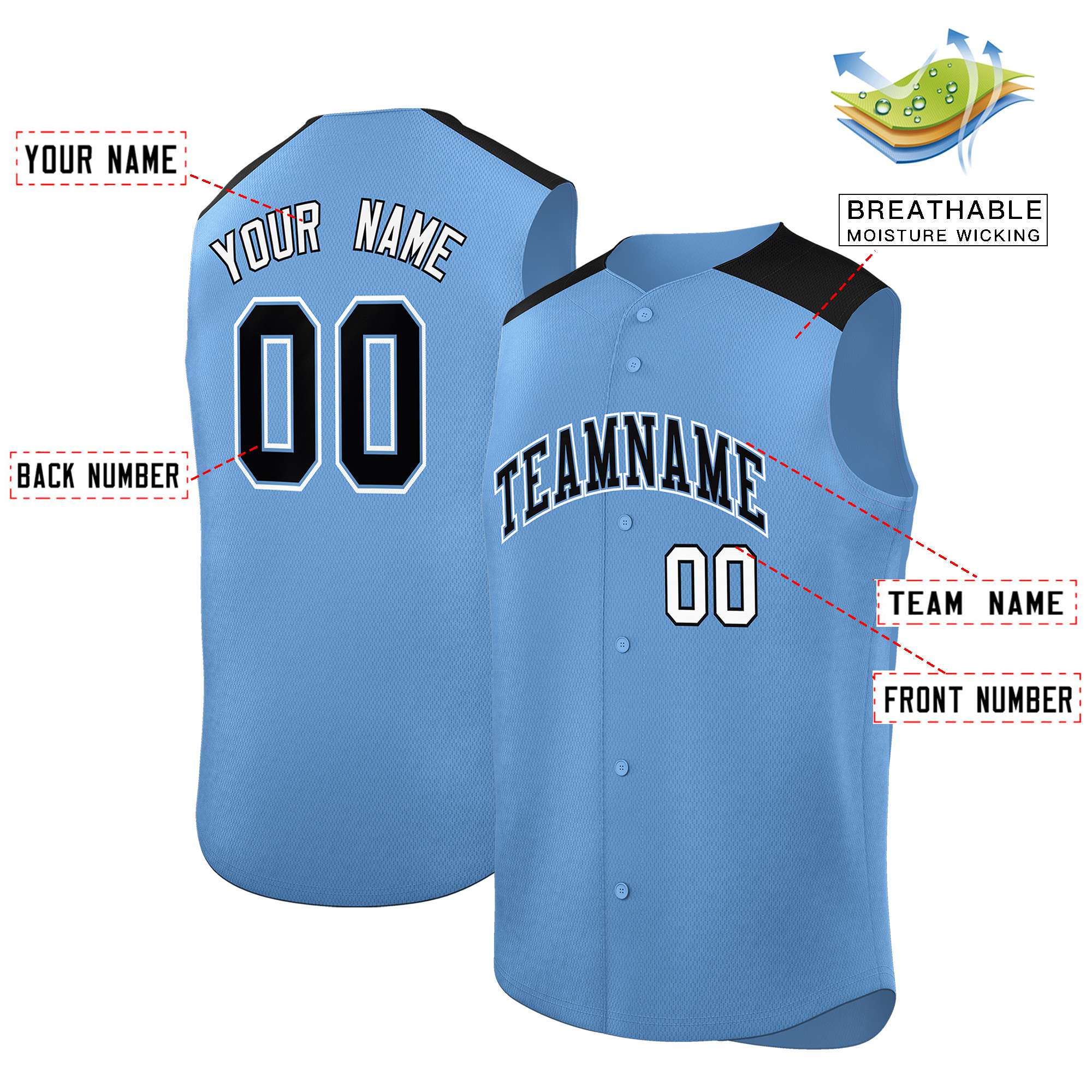 Custom Light Blue Black Personalized Classic Authentic Sleeveless Baseball Jersey