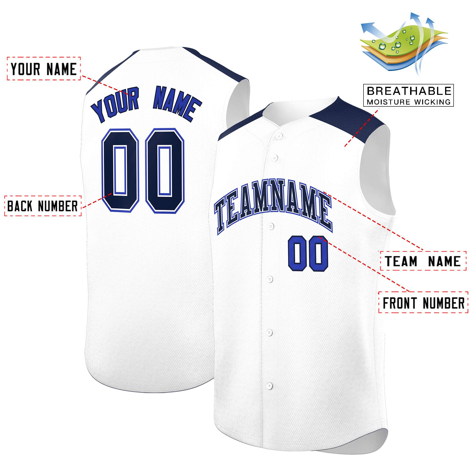 Custom White Navy Personalized Classic Authentic Sleeveless Baseball Jersey