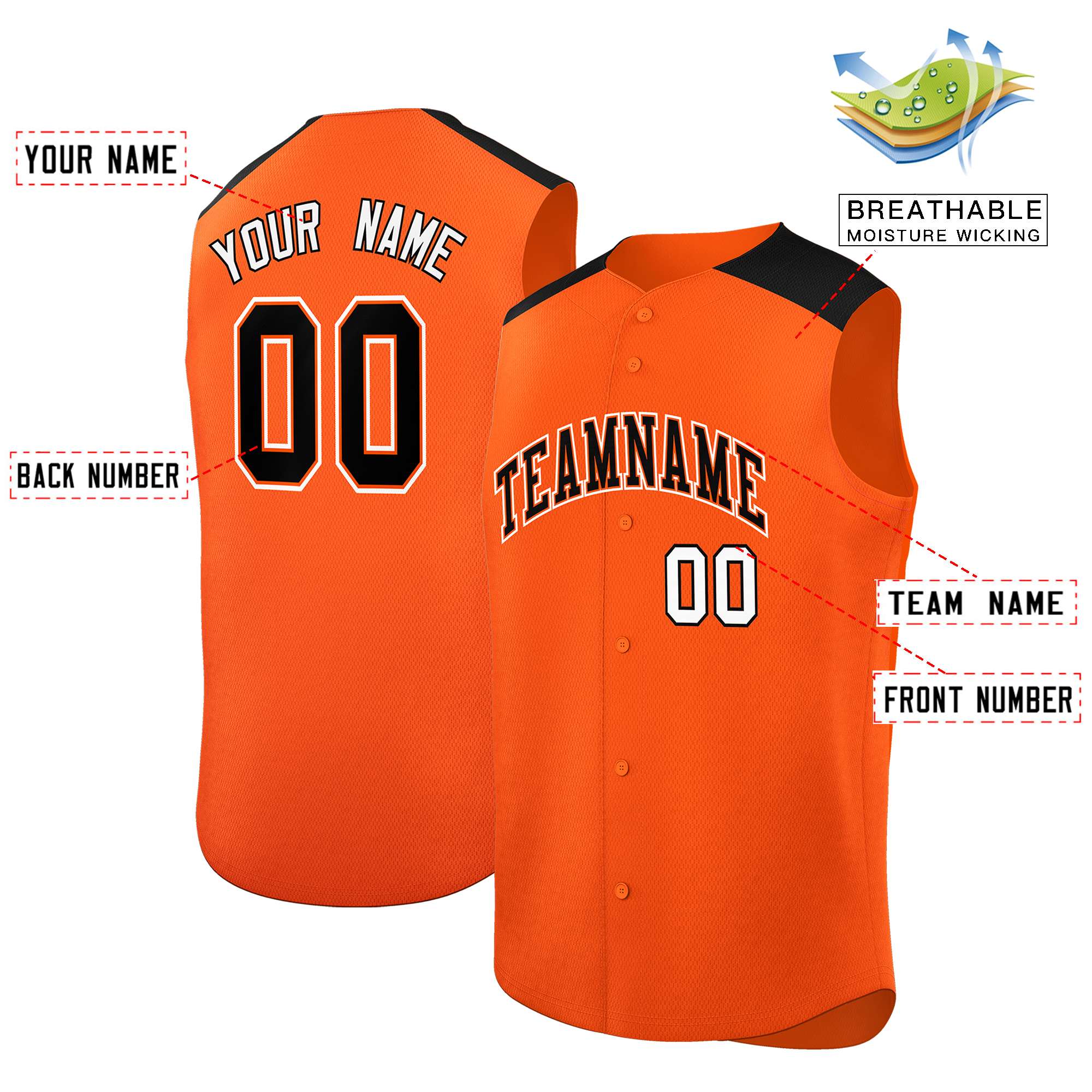 Custom Orange Black Personalized Classic Authentic Sleeveless Baseball Jersey