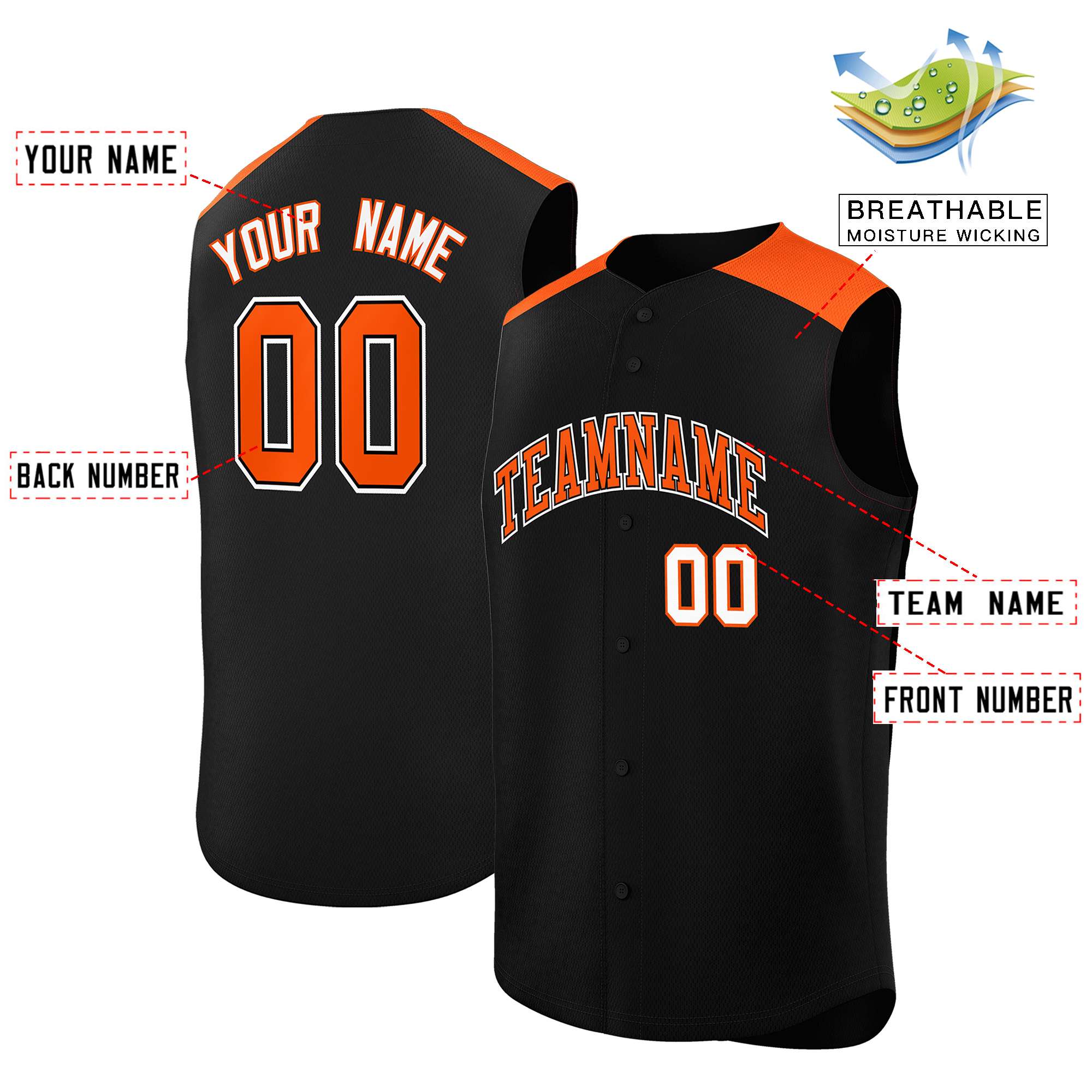 Custom Black Orange Personalized Classic Authentic Sleeveless Baseball Jersey