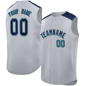 Custom Gray Navy Personalized Classic Authentic Sleeveless Baseball Jersey