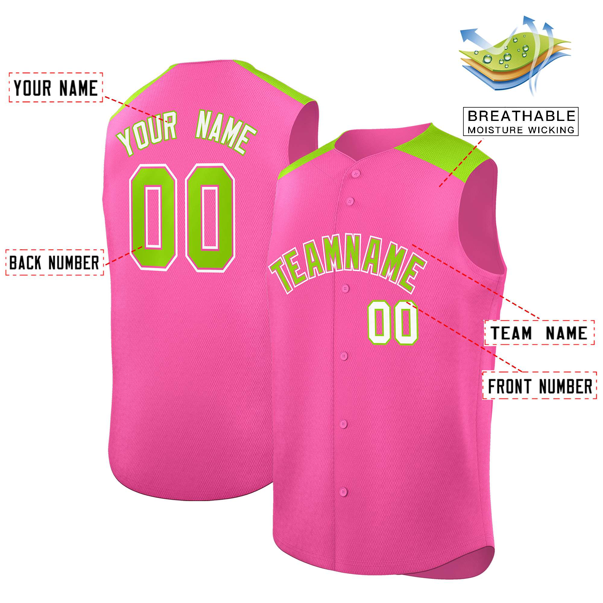 Custom Pink Neon Green Personalized Classic Authentic Sleeveless Baseball Jersey