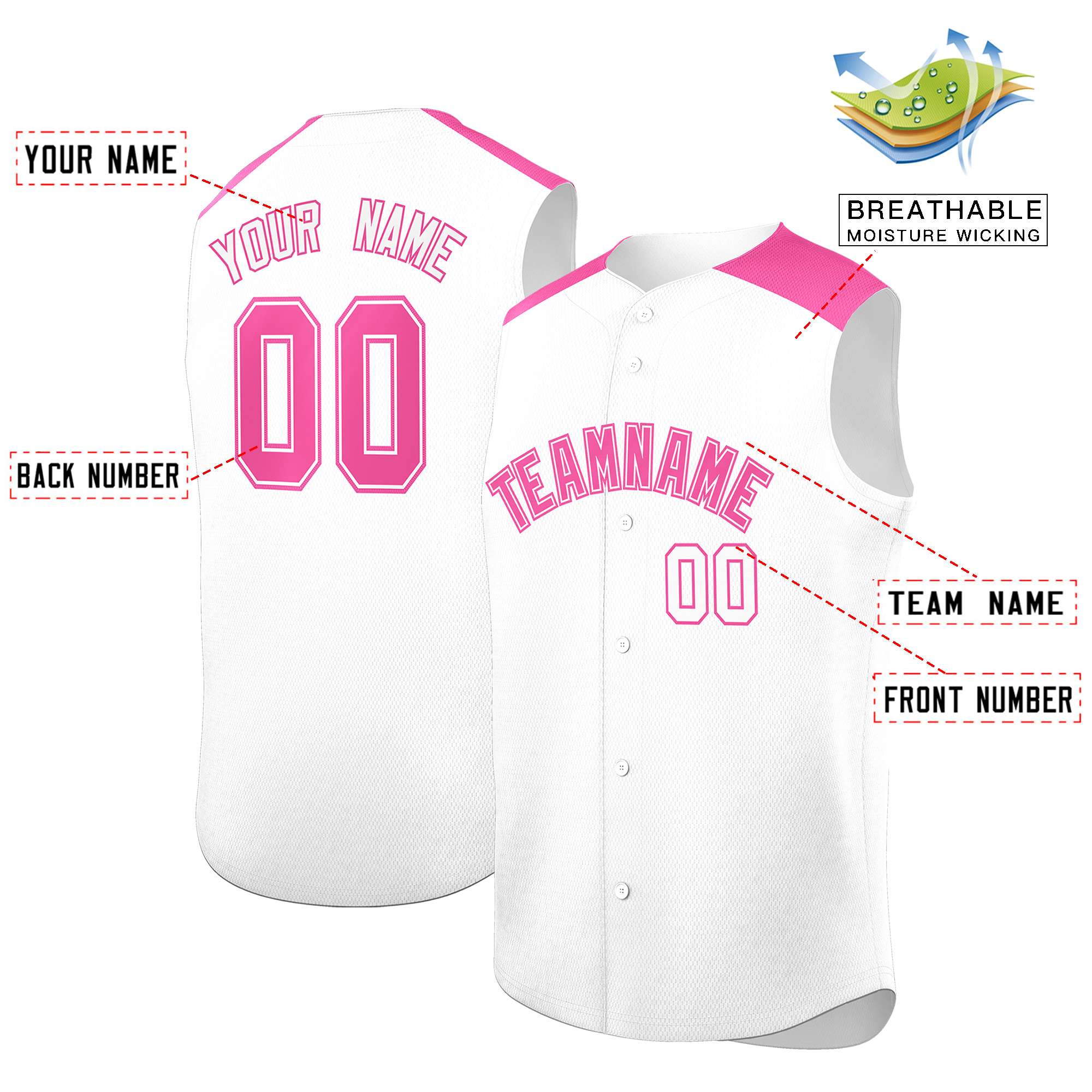 Custom White Pink Personalized Classic Authentic Sleeveless Baseball Jersey