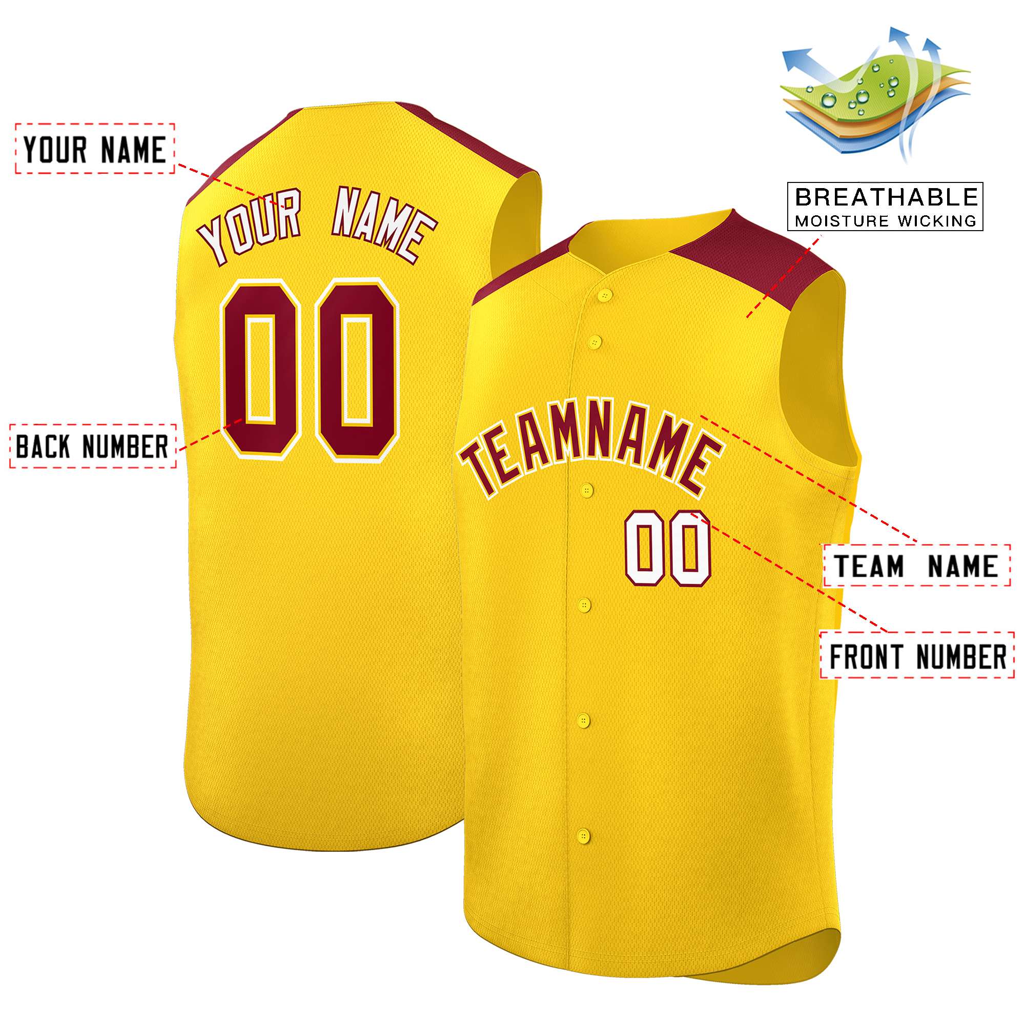 Custom Gold Crimson Personalized Classic Authentic Sleeveless Baseball Jersey