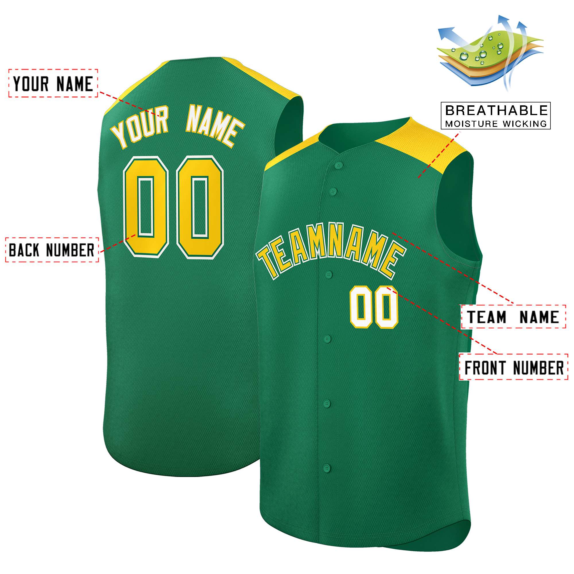 Custom Kelly Green Gold Personalized Classic Authentic Sleeveless Baseball Jersey