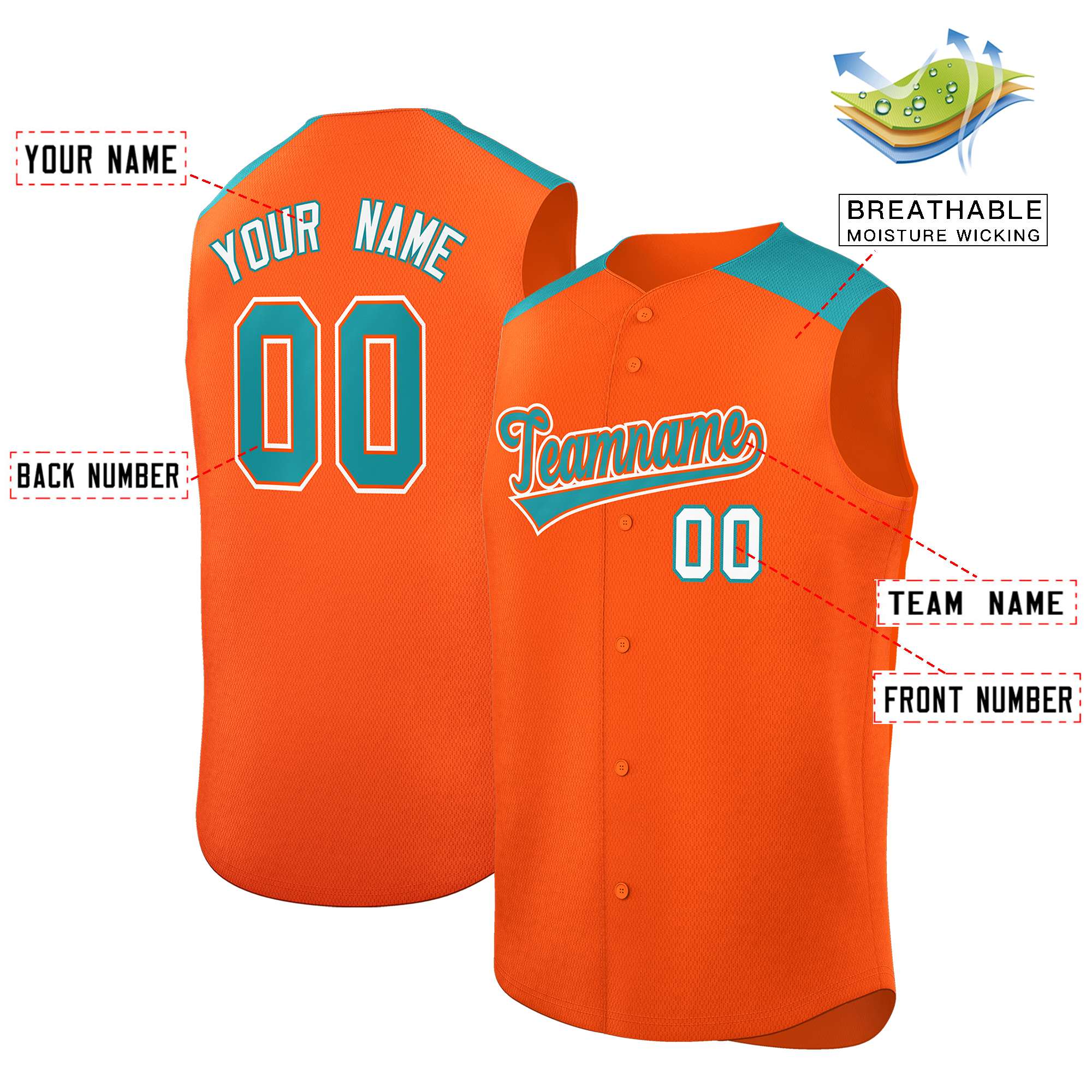 Custom Orange Aqua Personalized Classic Authentic Sleeveless Baseball Jersey