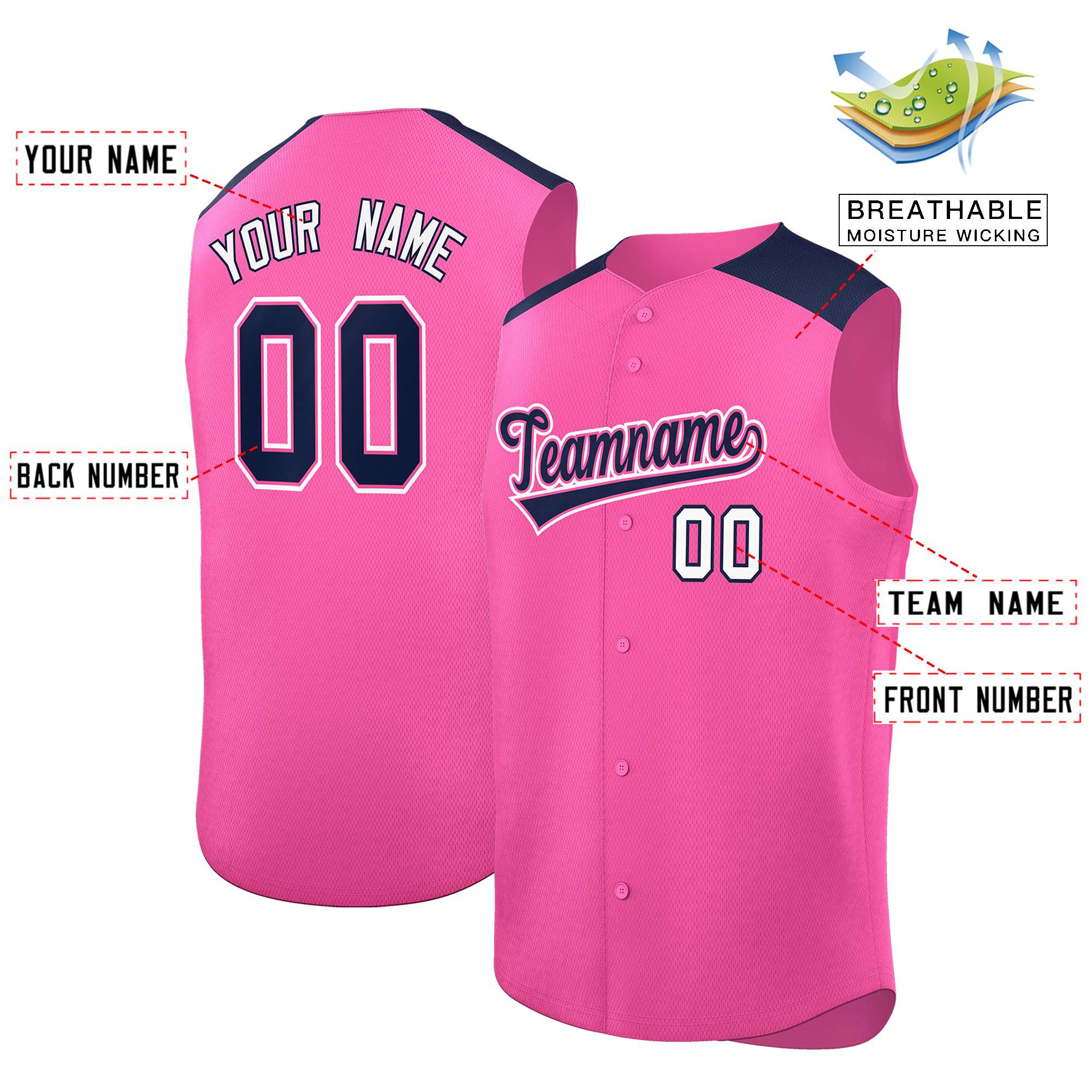 Custom Pink Navy Personalized Classic Authentic Sleeveless Baseball Jersey