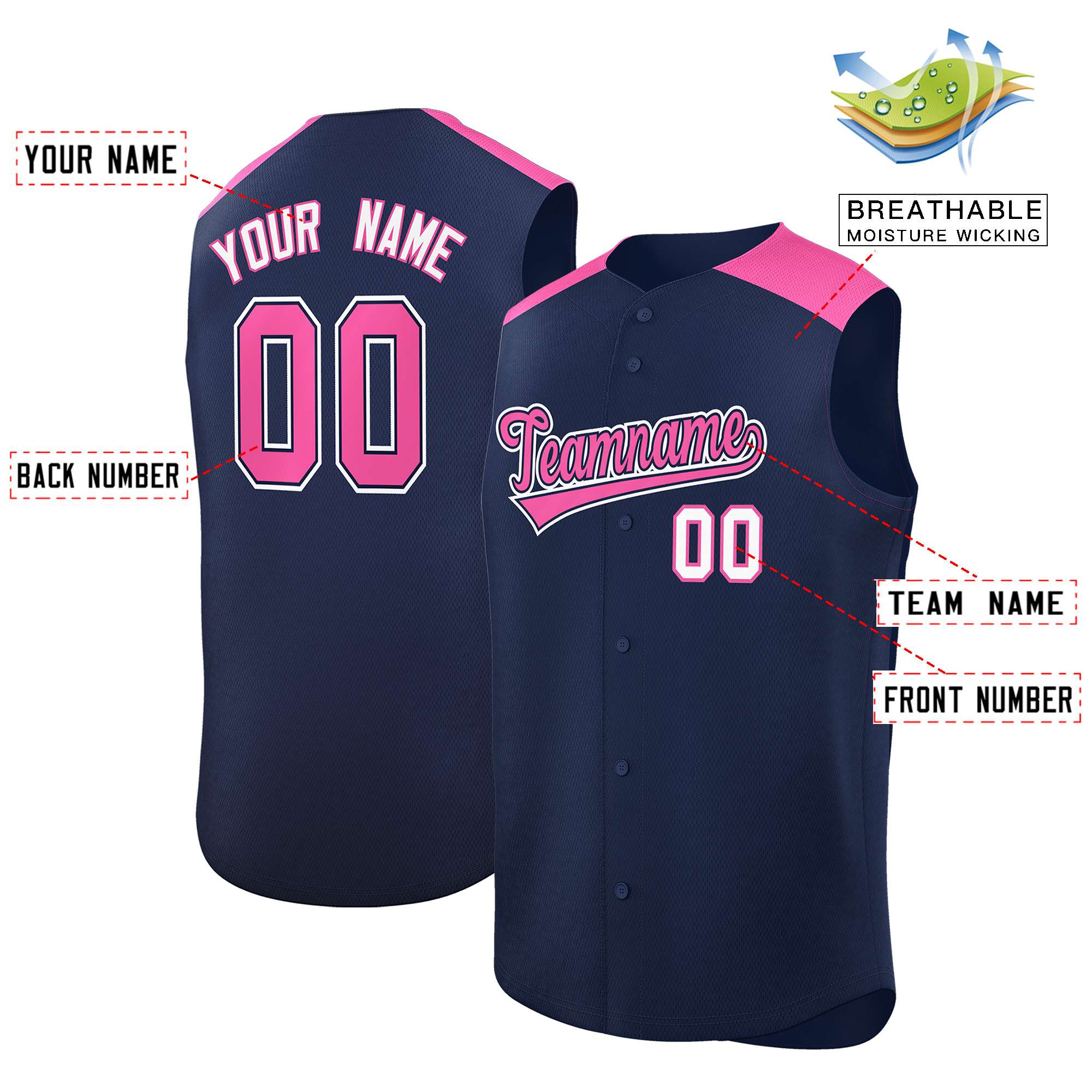 Custom Navy Pink Personalized Classic Authentic Sleeveless Baseball Jersey