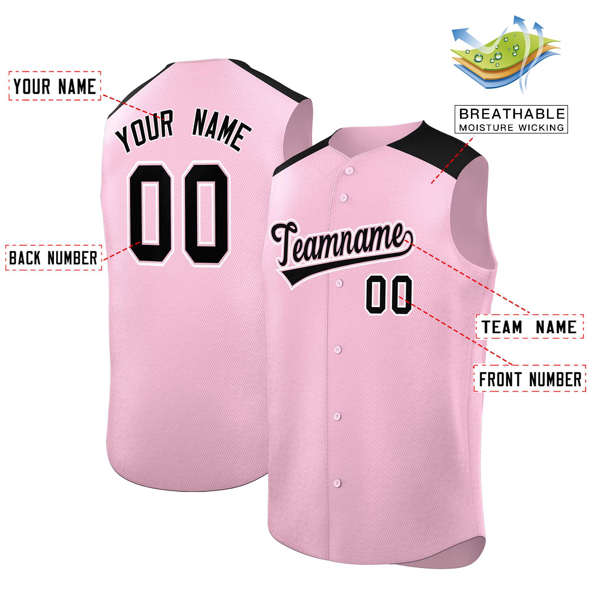 Custom Light Pink Black Personalized Classic Authentic Sleeveless Baseball Jersey