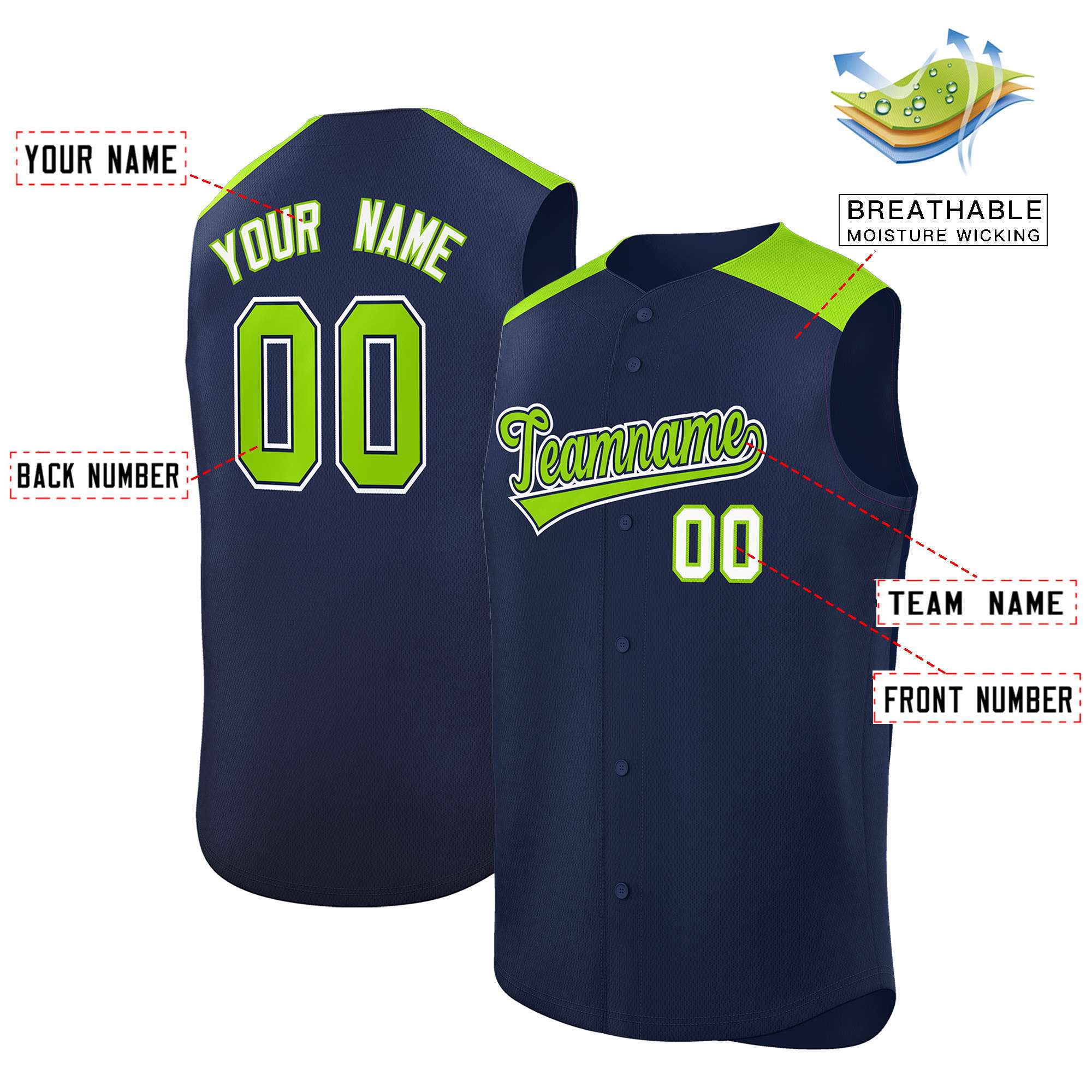 Custom Navy Neon Green Personalized Classic Authentic Sleeveless Baseball Jersey