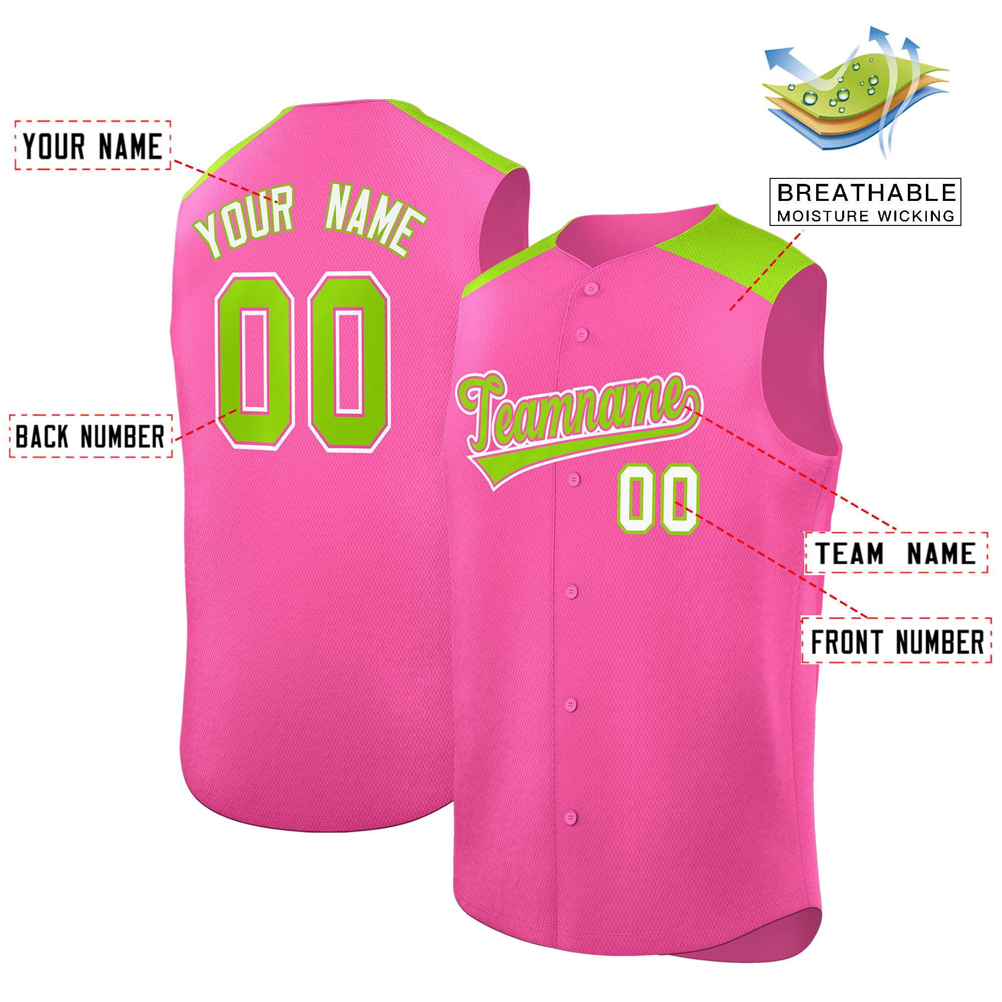 Custom Pink Neon Green Personalized Classic Authentic Sleeveless Baseball Jersey