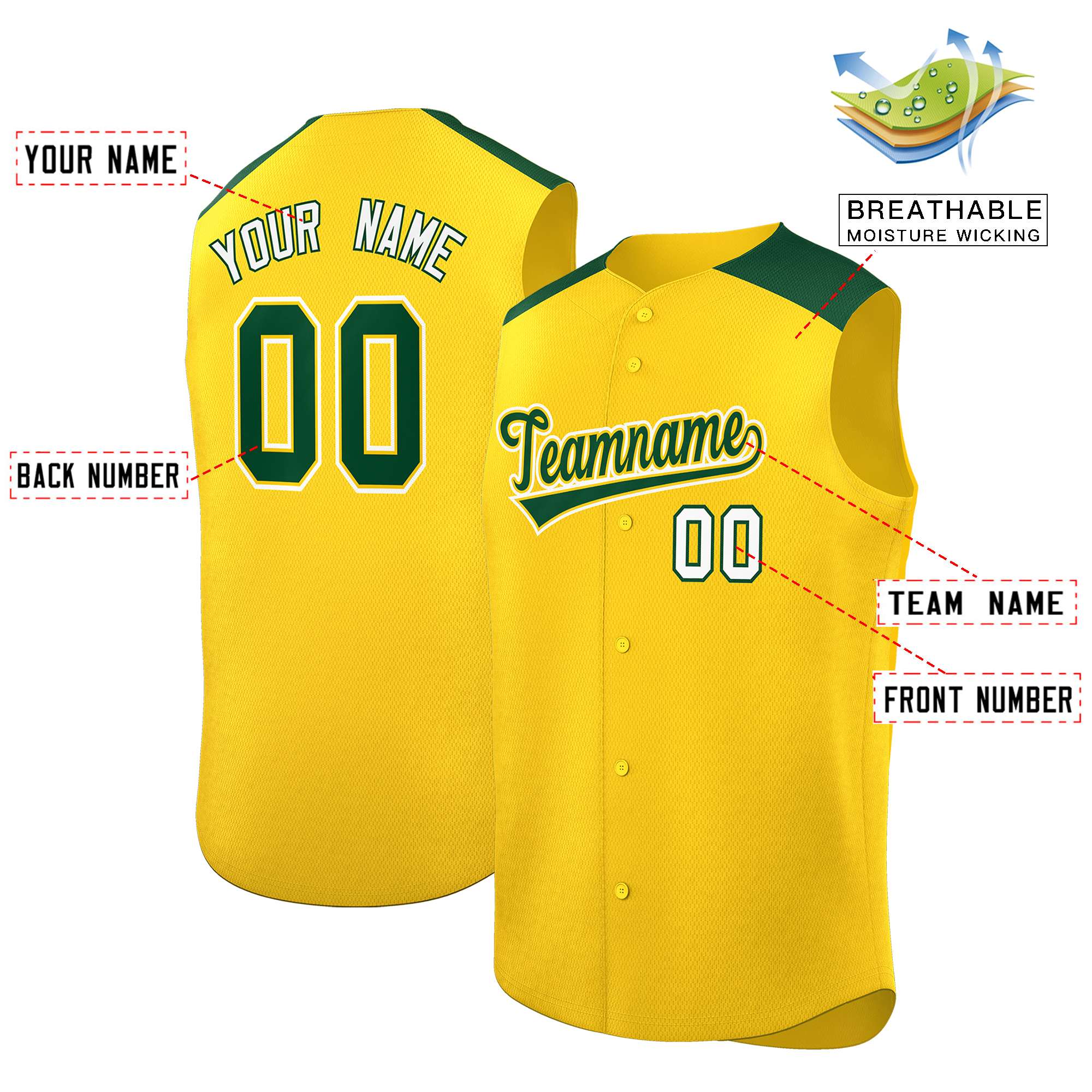 Custom Gold Green Personalized Classic Authentic Sleeveless Baseball Jersey