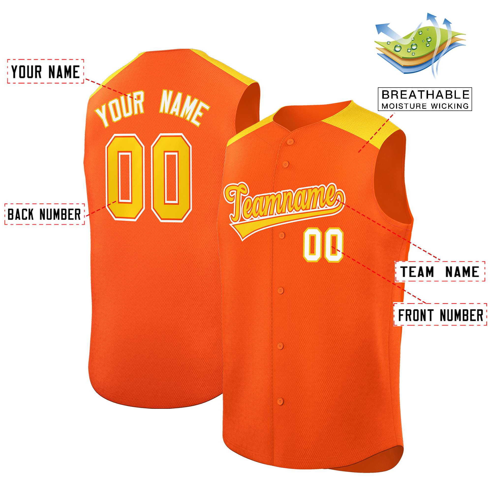 Custom Orange Gold Personalized Classic Authentic Sleeveless Baseball Jersey