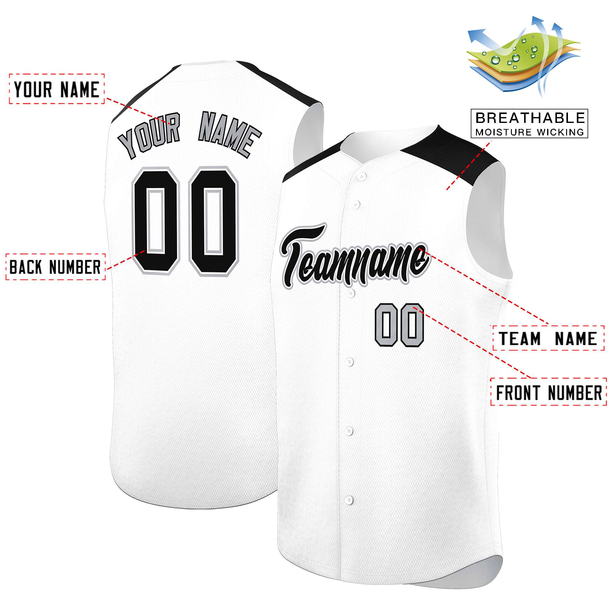 Custom White Black Personalized Classic Authentic Sleeveless Baseball Jersey