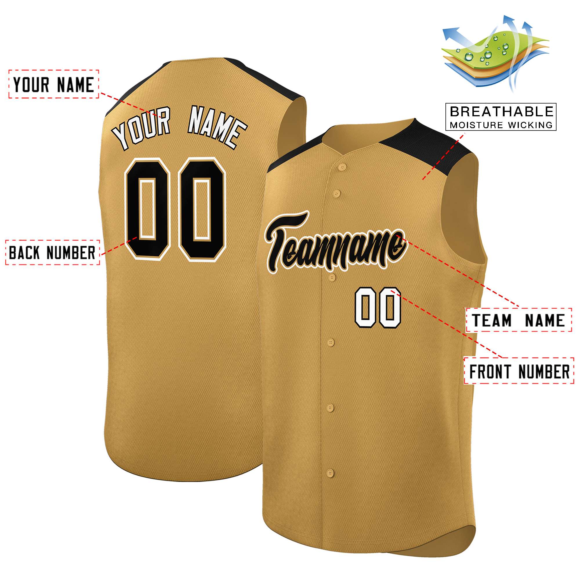 Custom Old Gold Black Personalized Classic Authentic Sleeveless Baseball Jersey