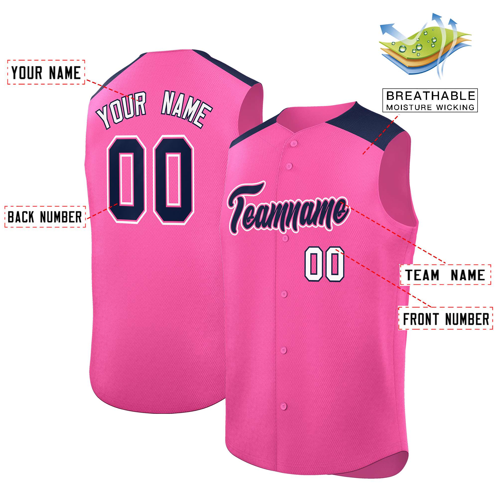 Custom Pink Navy Personalized Classic Authentic Sleeveless Baseball Jersey