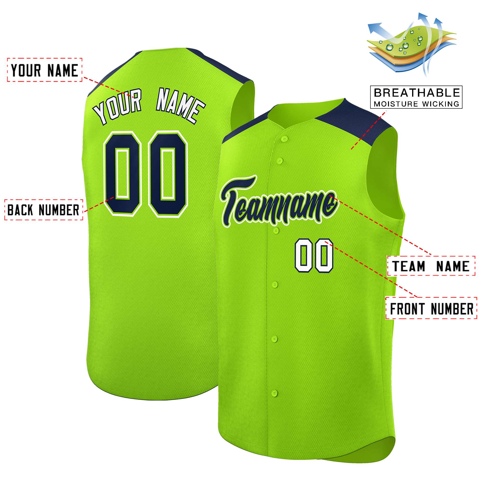 Custom Neon Green Navy Personalized Classic Authentic Sleeveless Baseball Jersey