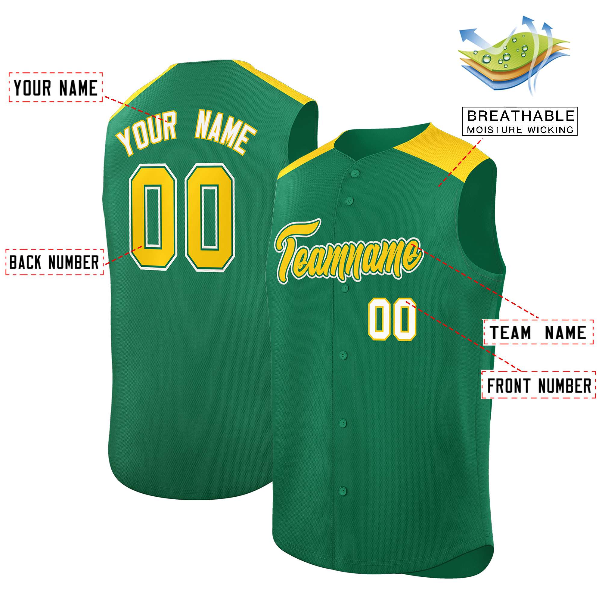 Custom Kelly Green Gold Personalized Classic Authentic Sleeveless Baseball Jersey