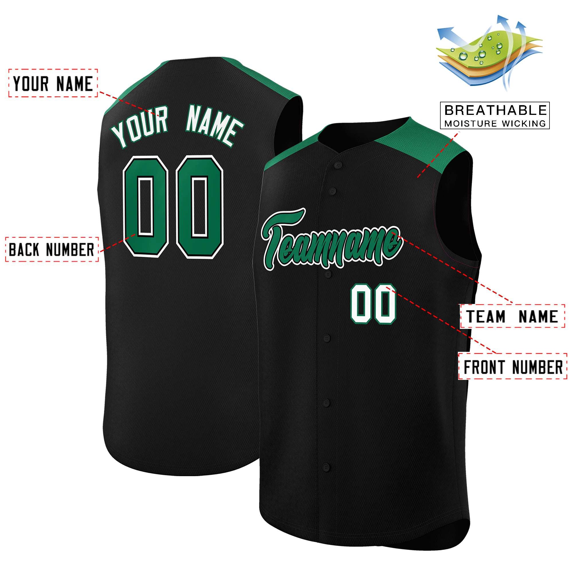 Custom Black Kelly Green Personalized Classic Authentic Sleeveless Baseball Jersey