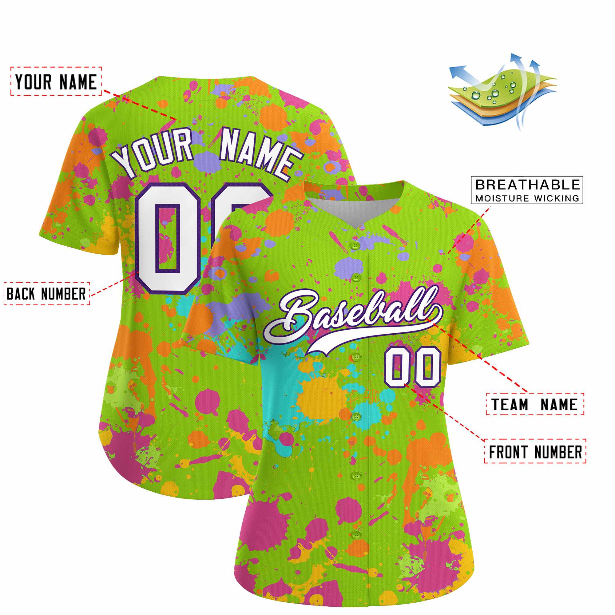 Custom Neon Green Graffiti Fashion Baseball Jersey For Women