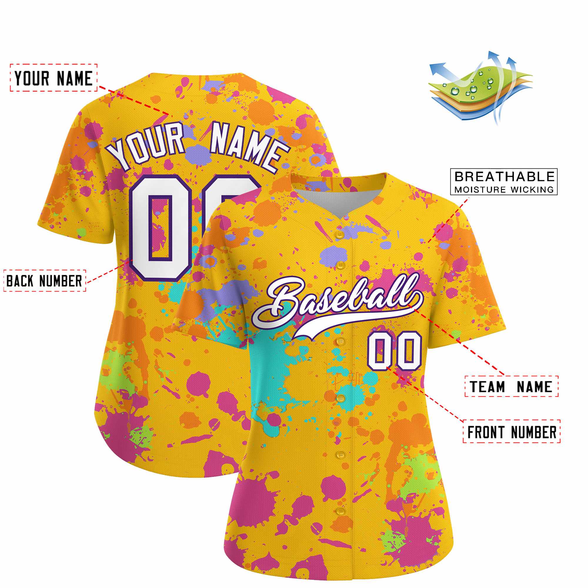 Custom Yellow Graffiti Fashion Baseball Jersey For Women