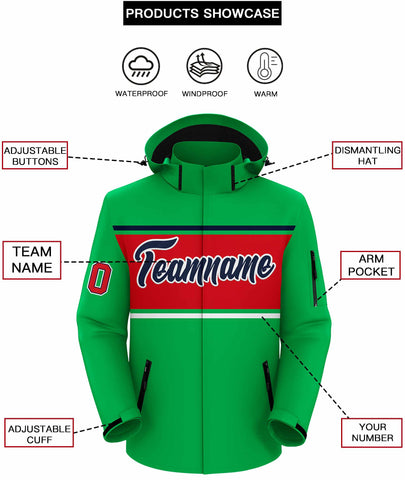 Custom Kelly Green Navy-Red Color Block Personalized Outdoor Hooded Waterproof Jacket