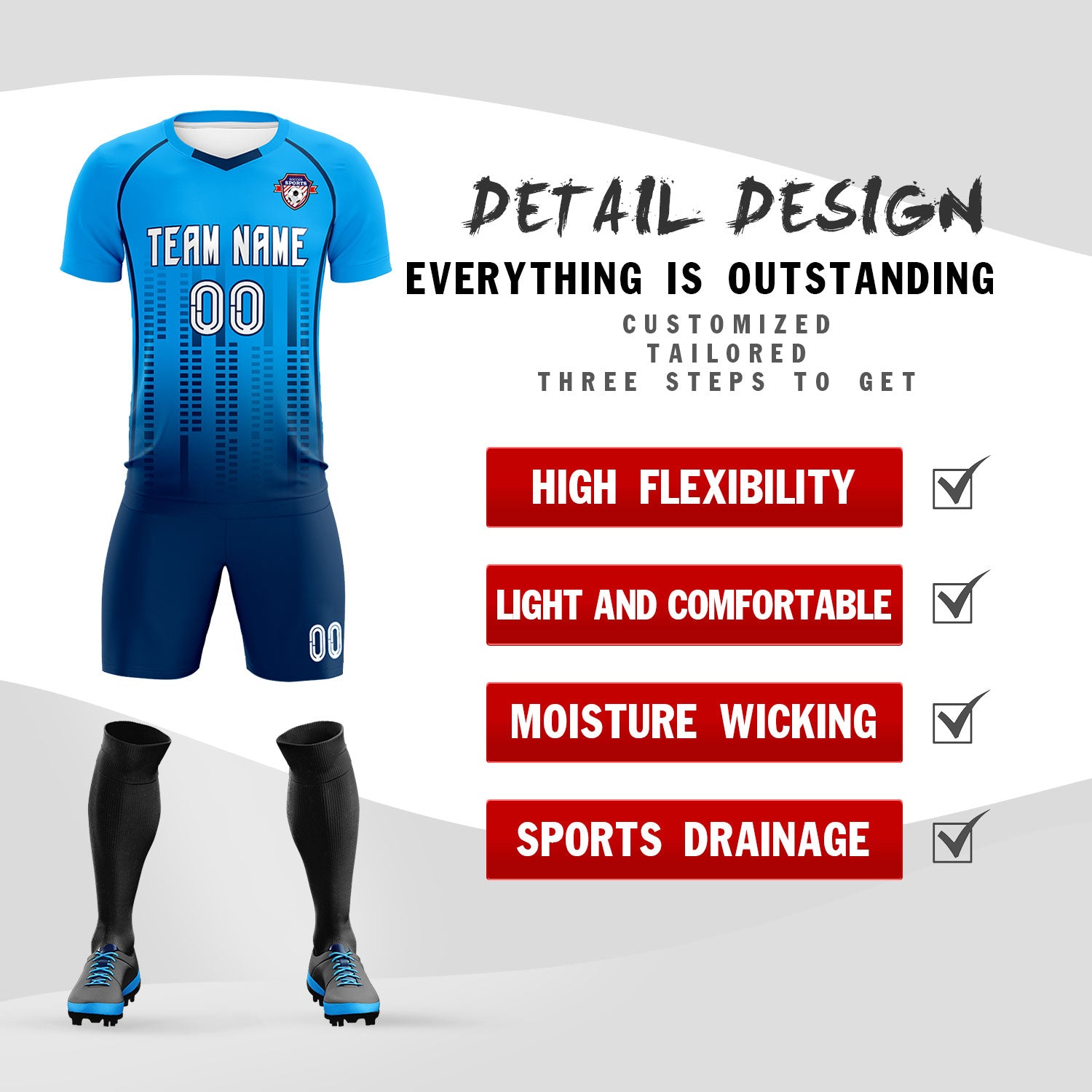 Custom Powder blue Navy Printing Outdoor Tracksuit Soccer Sets Jersey