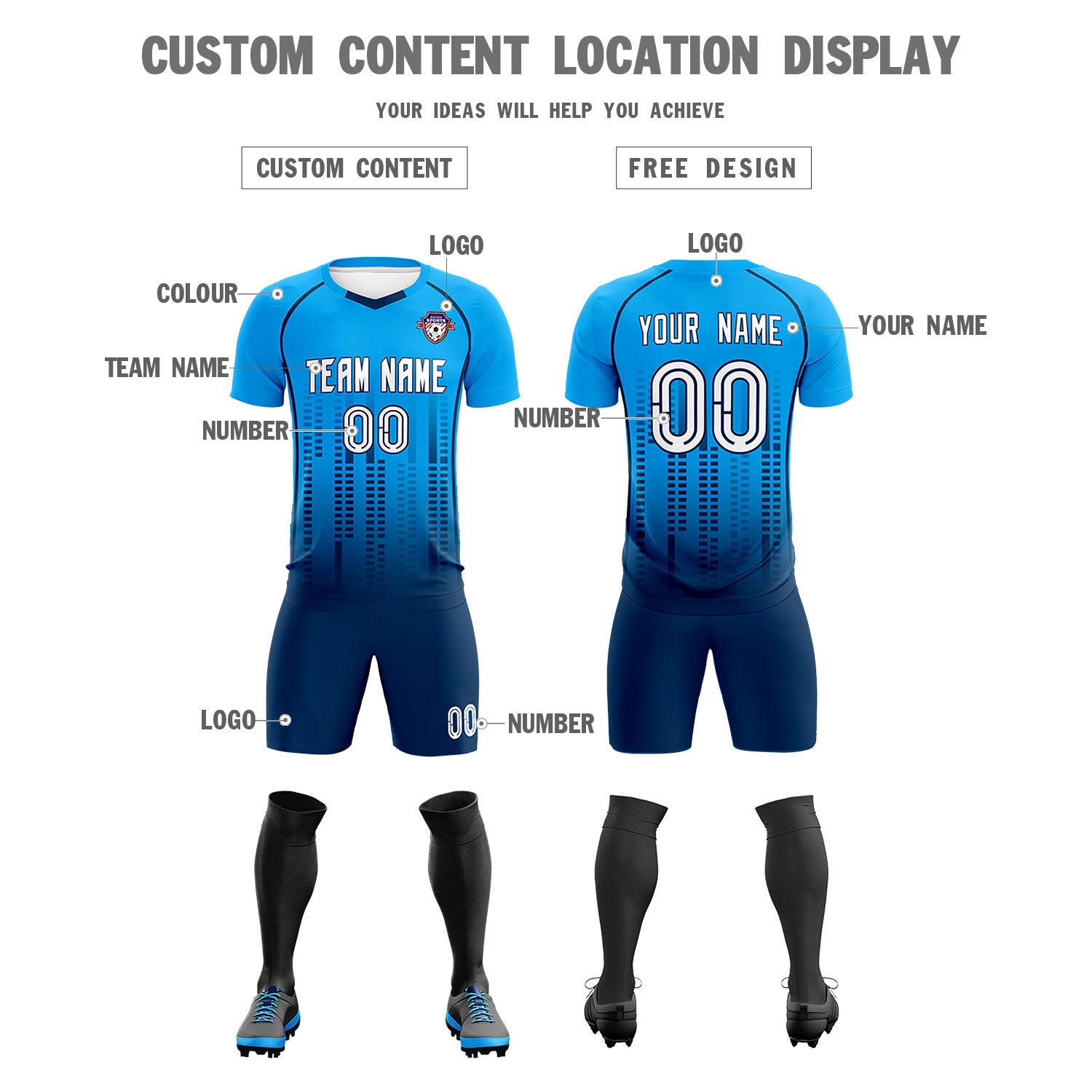 Custom Powder blue Navy Printing Outdoor Tracksuit Soccer Sets Jersey