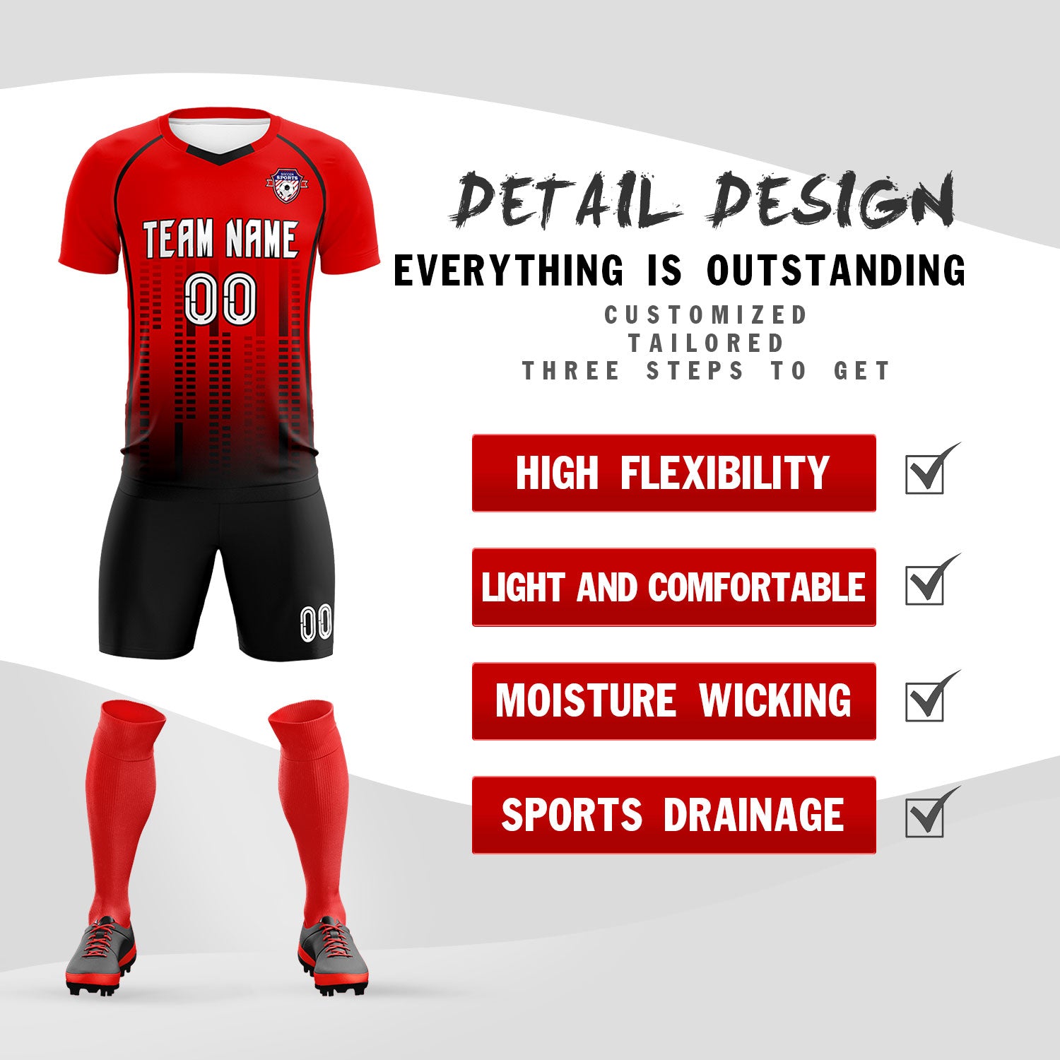 Custom Red Black Printing Outdoor Tracksuit Soccer Sets Jersey