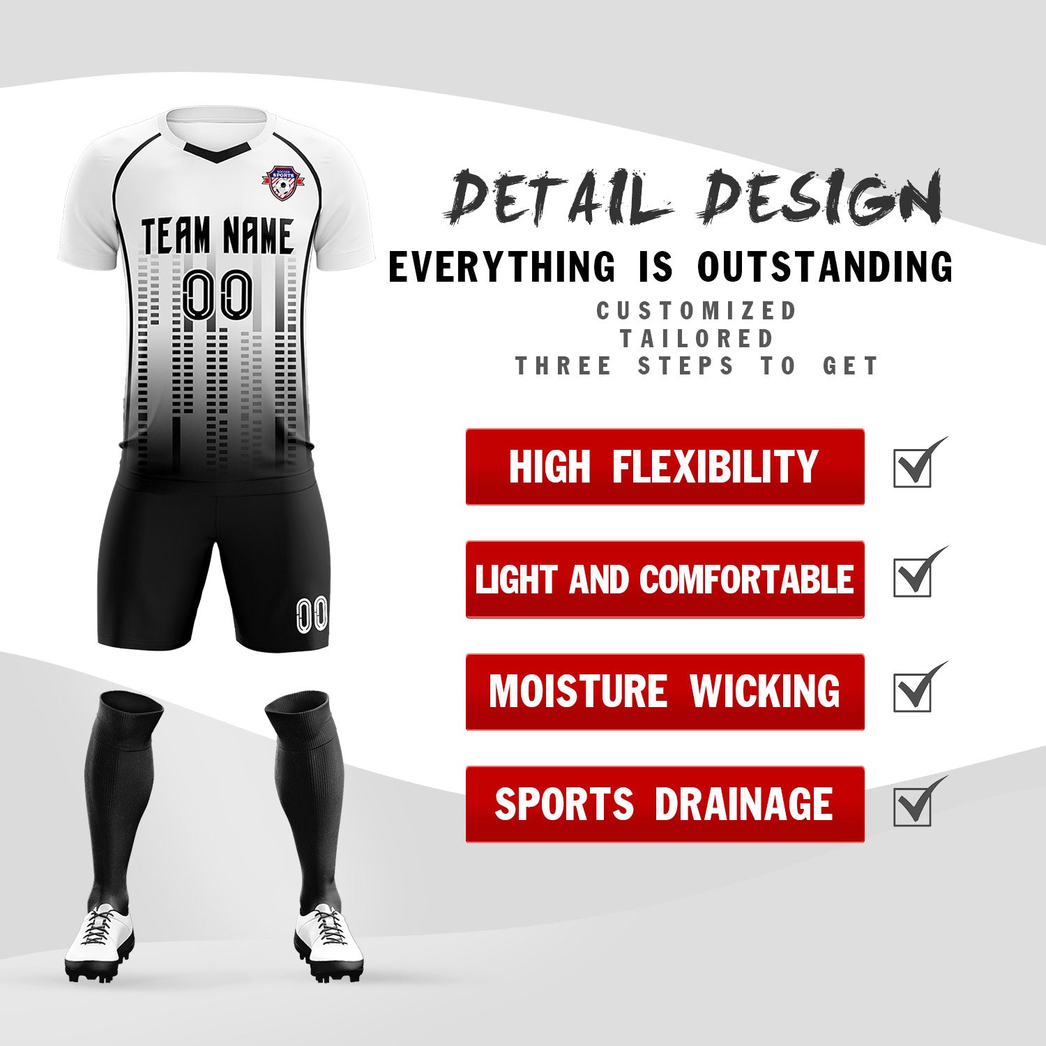 Custom White Black Printing Outdoor Tracksuit Soccer Sets Jersey