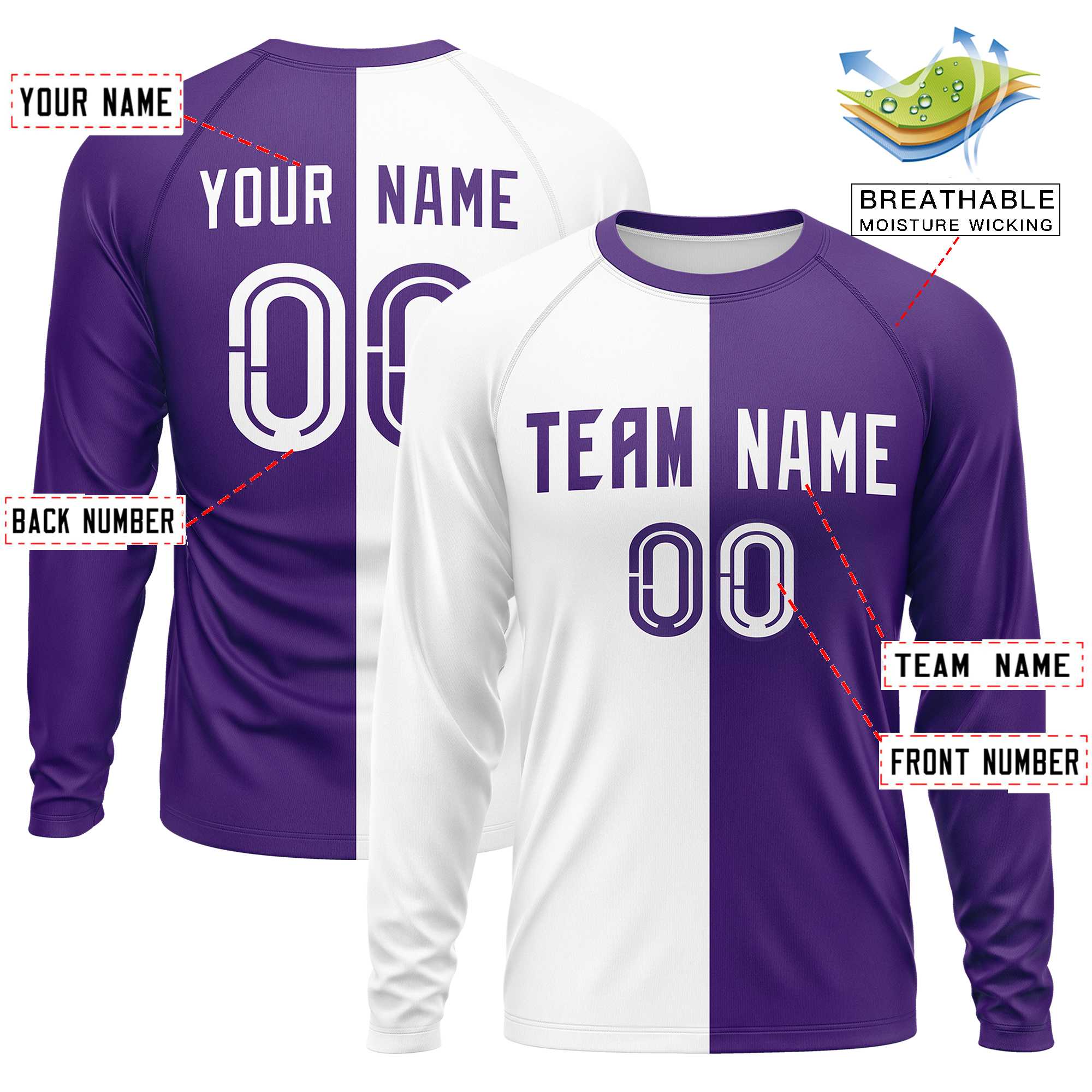 Custom White Purple Neck Split Design Long Sleeve Performance T-Shirt